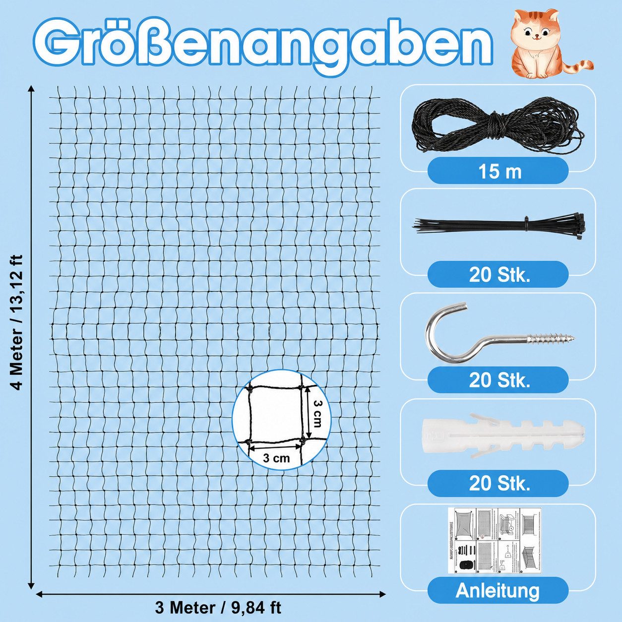 AIMAX Tiersicherheitsnetz Schutznetz für Katzen, Katzennetz für Balkon, Fenster & Terrasse, BxL: 3x4 m, Katzennetz mit Befestigungsseil, Nägel, Kabelbinder