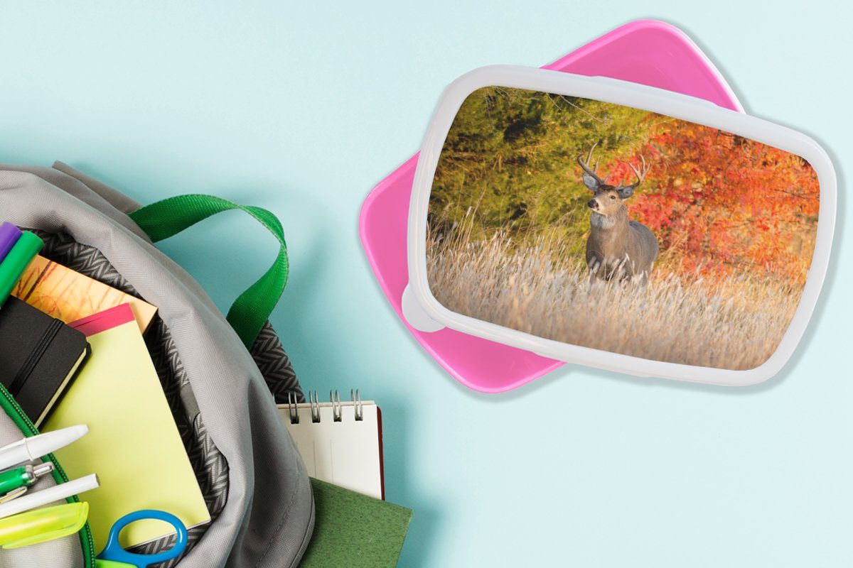 MuchoWow Lunchbox - Snackbox, Wald, Geweihe Kunststoff Hirsche Kinder, für - Kunststoff, Mädchen, Brotbox Erwachsene, rosa (2-tlg), Brotdose