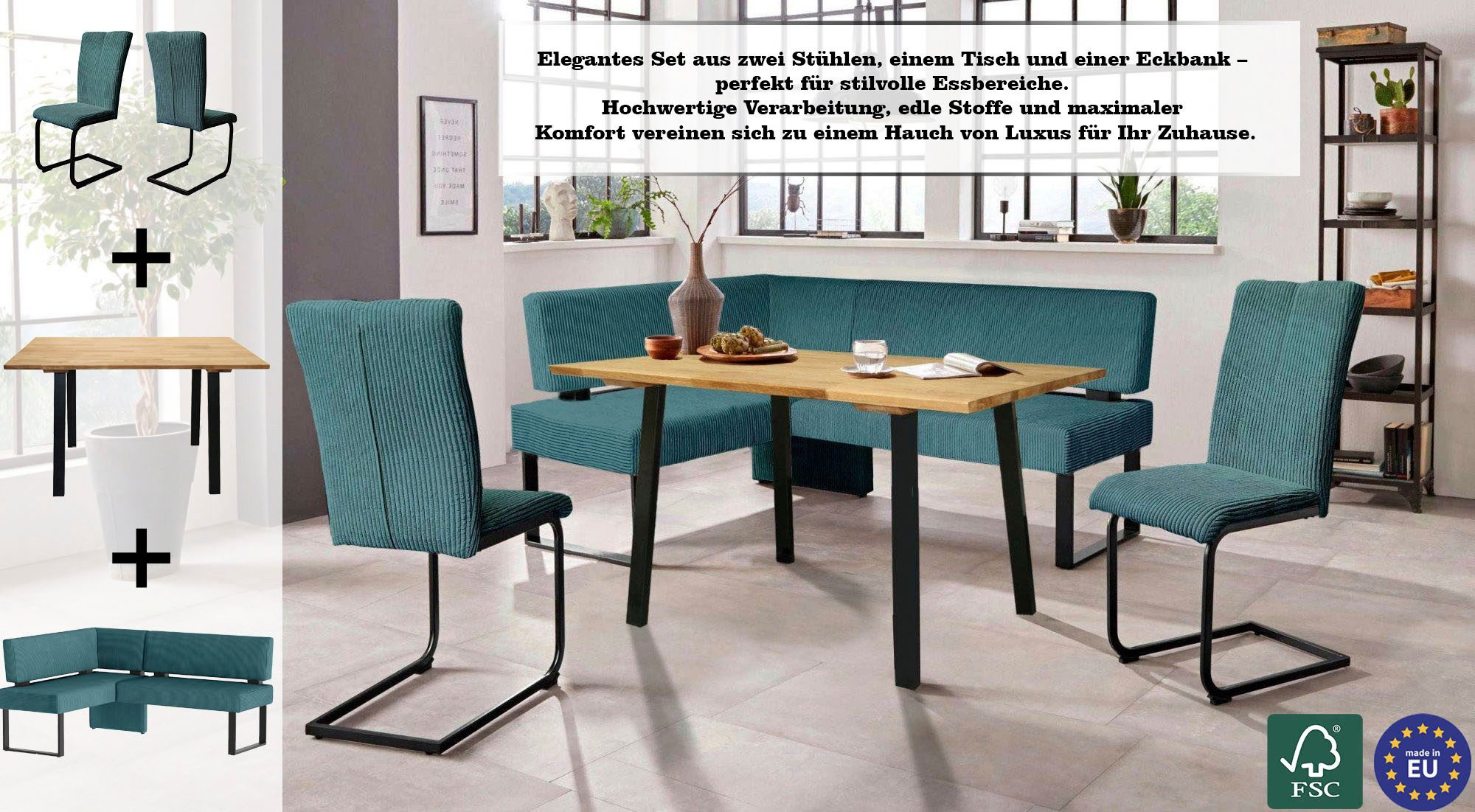 OTTO home Eckbankgruppe Oliver, (Set, 4-tlg., 4-tlg), Eckbank mit Wellenunterfederung im Sitz, Tisch Massiv Eiche