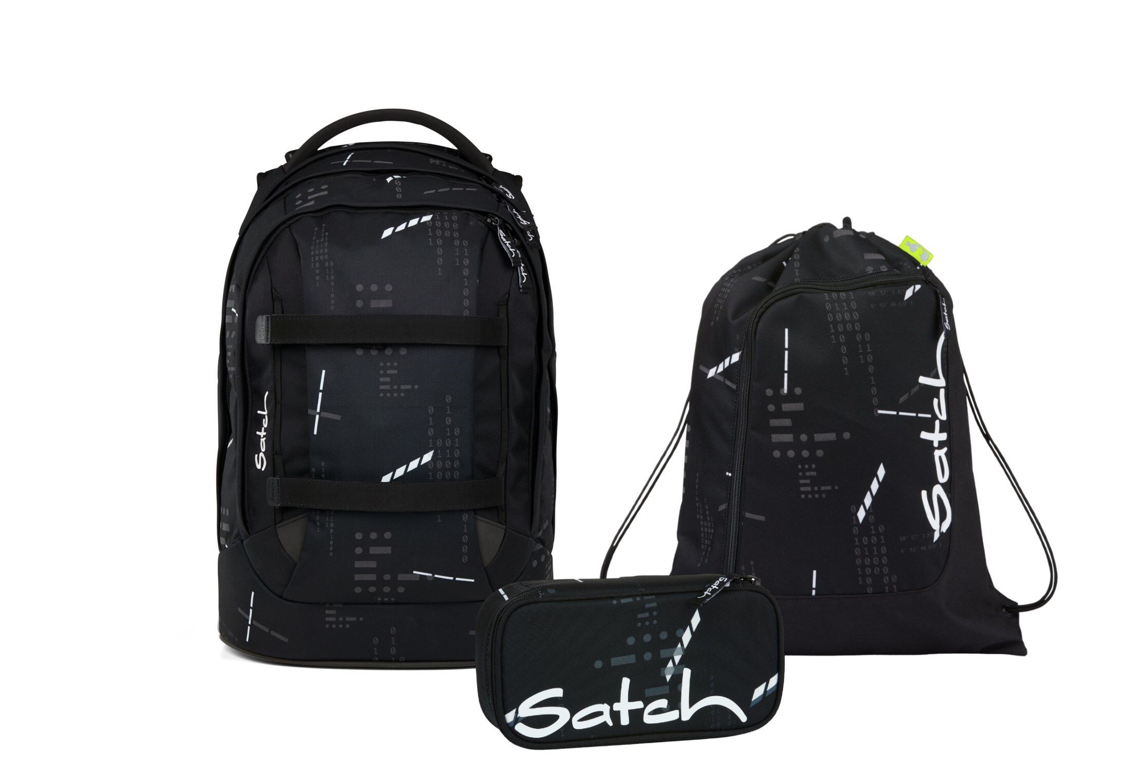 Satch Schulranzen Schulrucksack-Set PACK Ninja Matrix 3-teilig (3-teilig), ergonomisch, Your-Size-System: auf Körpergröße anpassbar