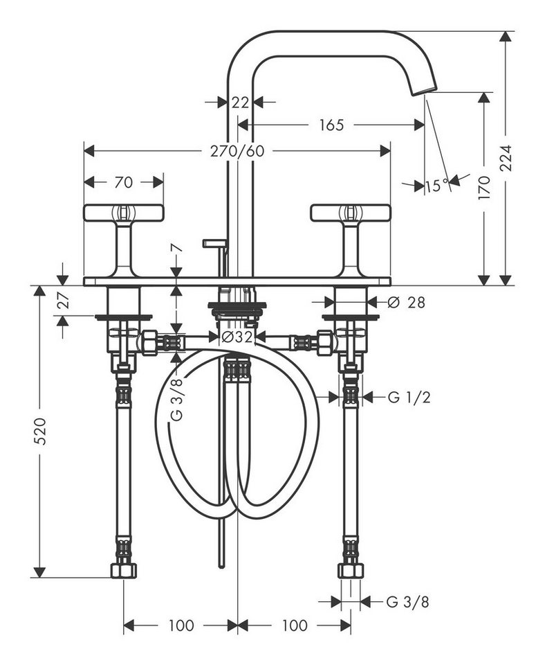 Thumbnail - hansgrohe Waschtischarmatur Axor Citterio E 170 3-Loch mit Platte mit Zugstangen-Ablaufgarnitur - Chrom