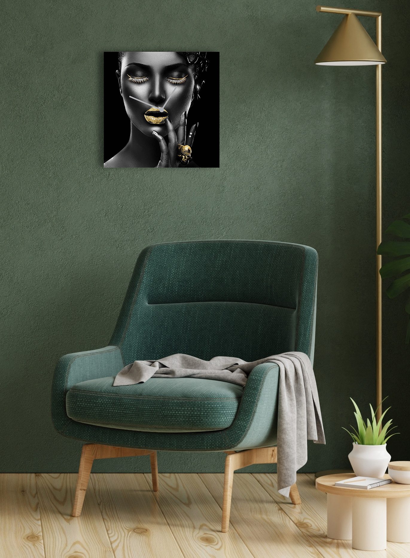 OTTO home Wanduhr Gesicht, Blattgold Applikationen (Uhr, geräuschlos, gold, Blattgold, handarbeit, Frau, Gesicht, Lippen)