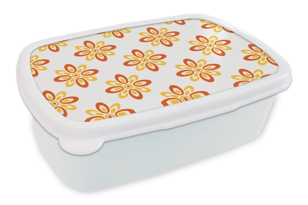 MuchoWow Lunchbox Muster - 70er Jahre - Blumen - Orange, Kunststoff, (2-tlg), Brotbox für Kinder und Erwachsene, Brotdose, für Jungs und Mädchen weiß