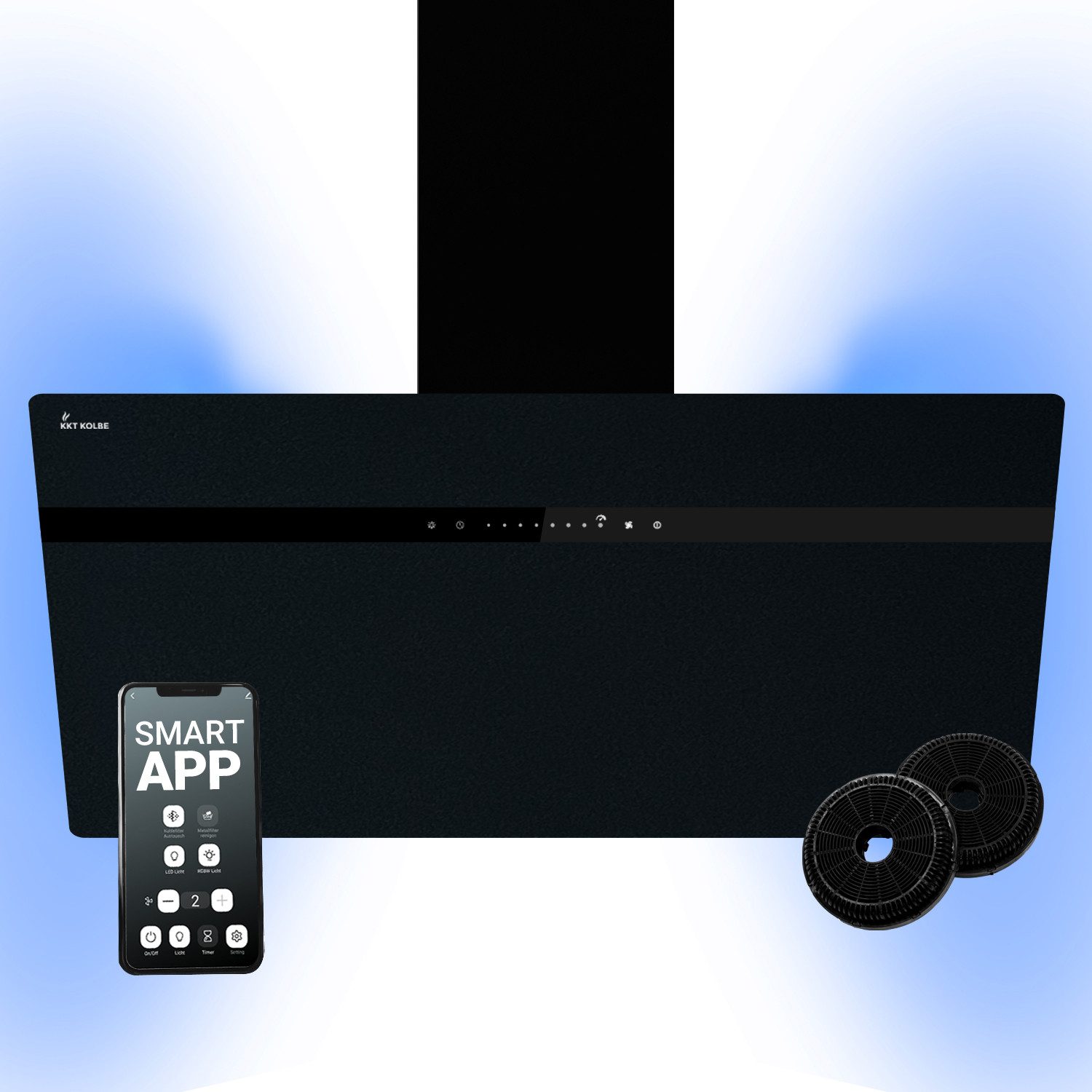 KKT KOLBE Wandhaube Dunstabzugshaube 90cm STYLE9005SMAO RGBW Ambientebeleuchtung Dunstabzugshaube 90cm STYLE9005SMAO RGBW Ambientebeleuchtung, Kopffrei / 90cm / Smarte WiFi-App / Schwarz / Glas / Schräghaube