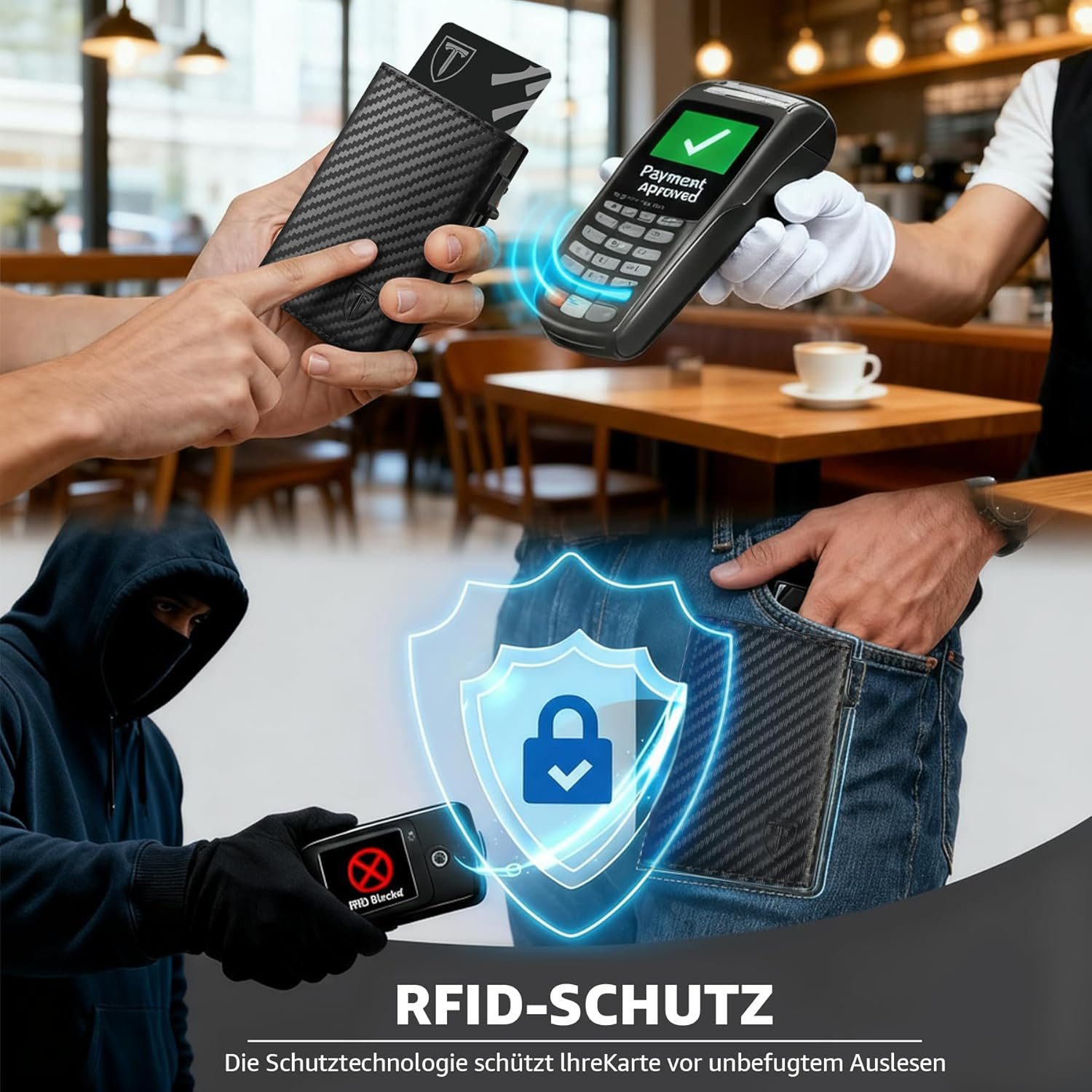 TEEHON Geldbörse Geldbeutel Herren mit Münzfach, Premium Portmonee Herren Klein (8-10 Karten, Geldbörse RFID Schutz, Hochwertige Slim Wallet), Kohlefaserleder Kartenetui Karten Portemonnaie klein - Schwarz