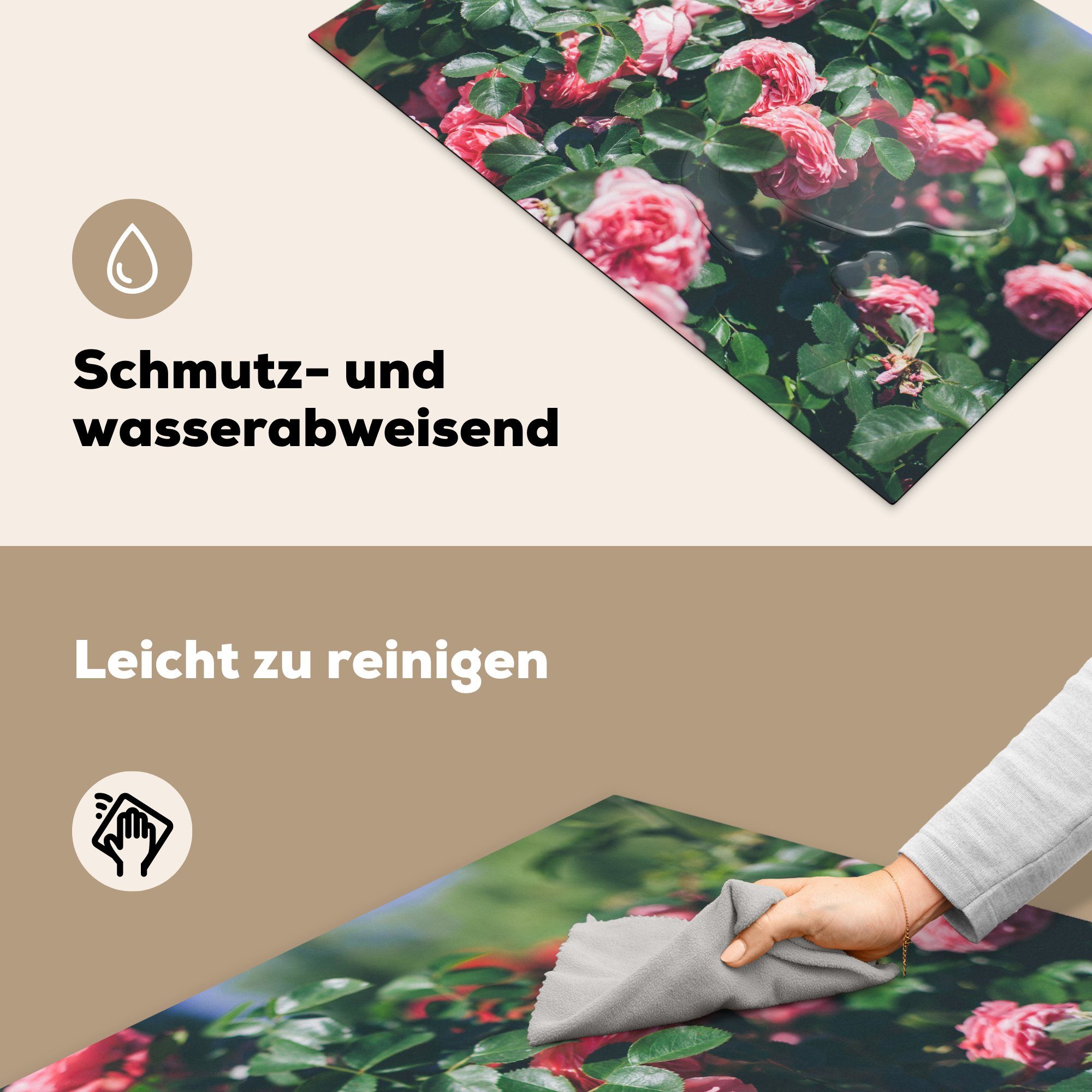 MuchoWow Herdblende-/Abdeckplatte Schöne rosa cm, Rose Ceranfeldabdeckung Sommergarten, Vinyl, die für küche, Schutz 81x52 tlg), (1 im Induktionskochfeld