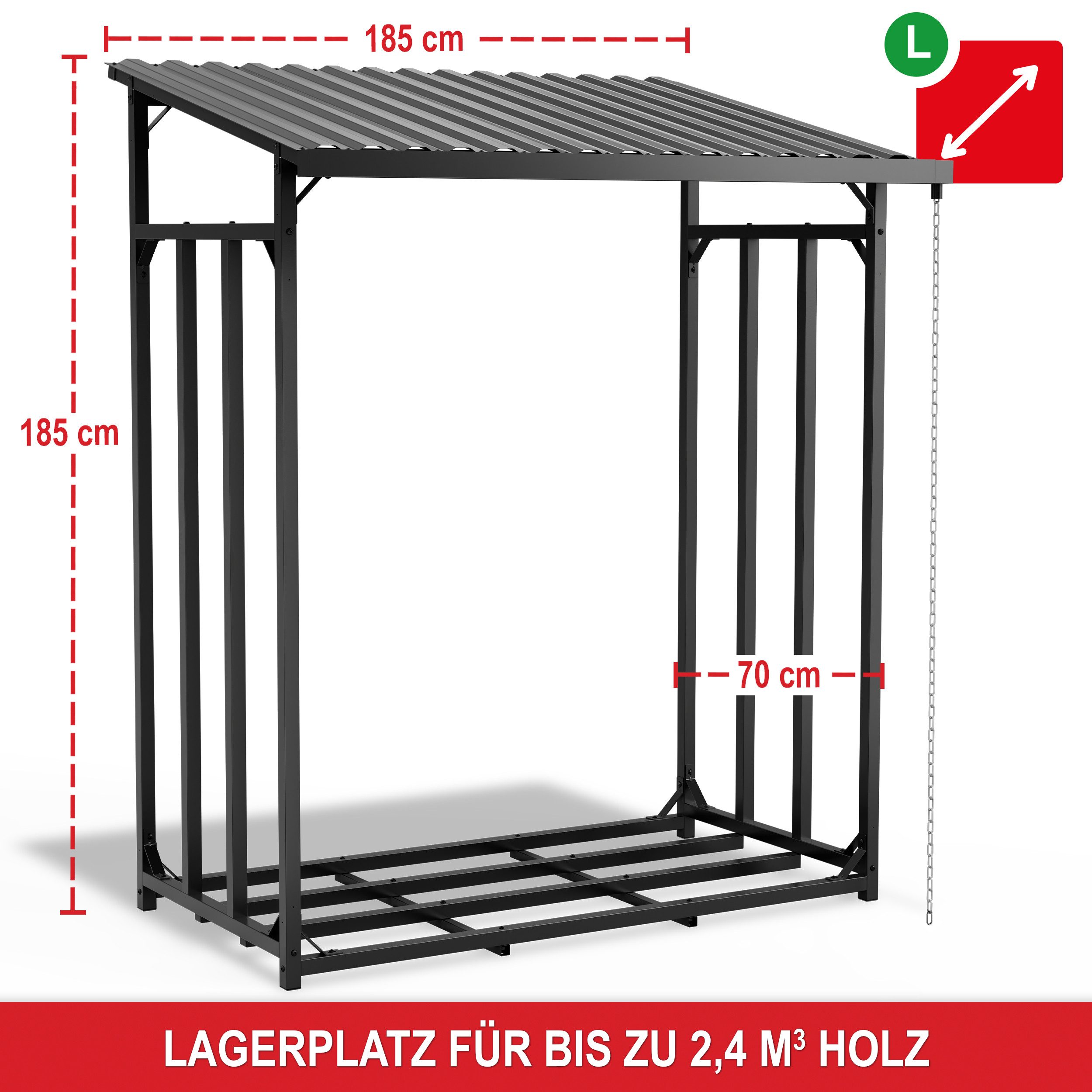 Onbest Kaminholzregal Metall mit Regenrinne und Regenkette, BxTxH:185x70x185 cm, 150g Schutzplane, 1,56 m³