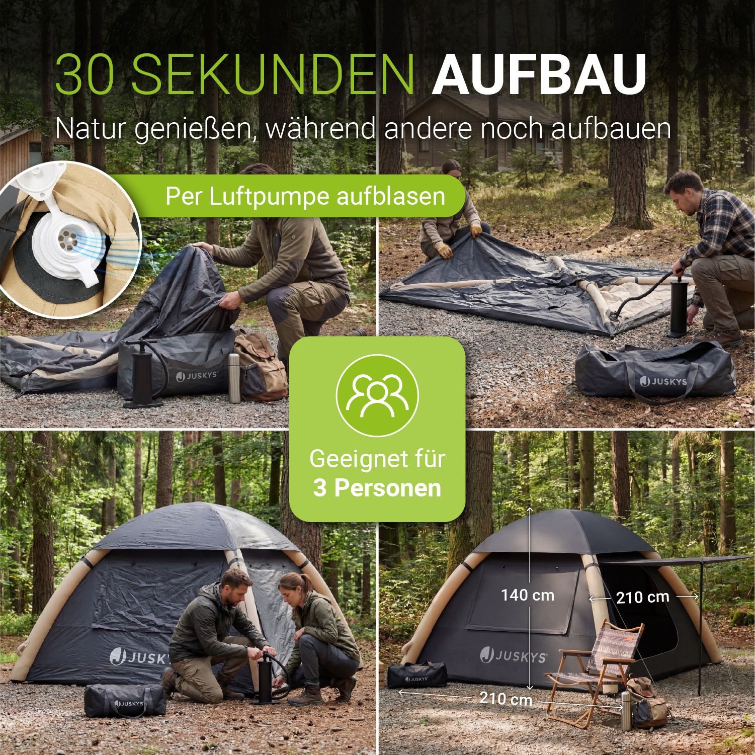 Juskys aufblasbares Zelt EasyFlow, Für 1-3 Personen, inkl. Multifunktionslampe und Luftpumpe