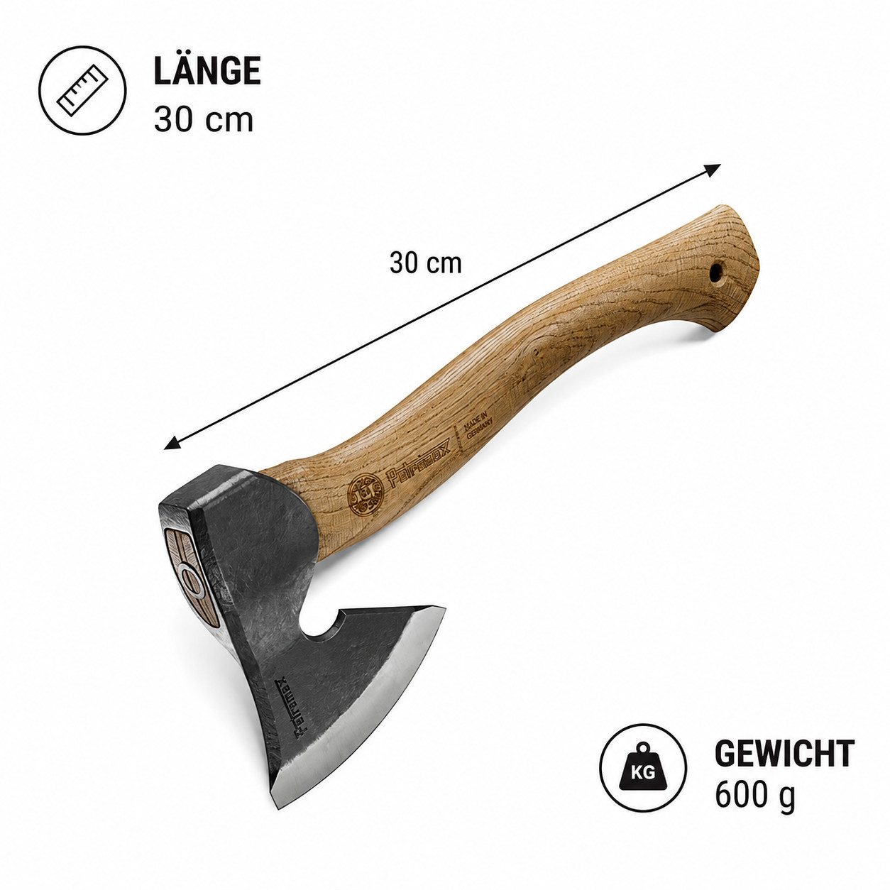 Petromax Beil Petromax Schnitzbeil – Handgeschmiedete Qualität präzise Holzarbeiten, 600 g, 30 cm Länge, (Set, inkl. Lederscheide), Hergestellt in Deutschland, Handgeschmiedet