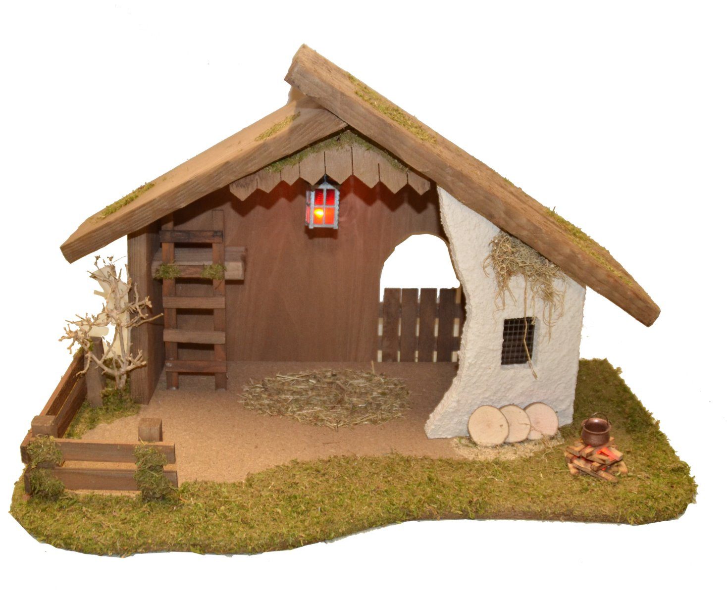 Alfred Kolbe Krippe Krippenstall ohne Trafo, mit Laterne, Busch, Lagerfeuer, Holz