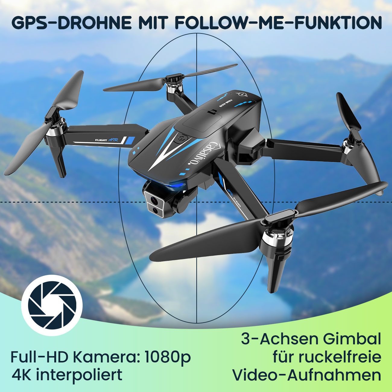 Casativo Profi GPS-Drohne Full-HD Kamera 3-Achsen-Gimbal 800 m 4K interpoliert Drohne (360°-Richtungskontrolle, Flugzeit ca. 25 Min., Rückkehr-Funktion) schwarz