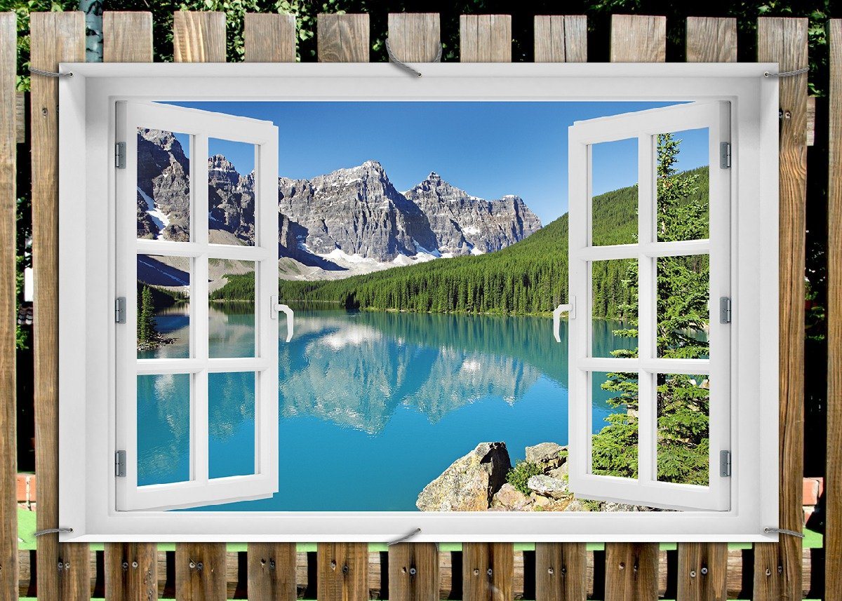 Thumbnail - Wallario Sichtschutzzaunmatten Tiefblauer See mit Bergpanorama und Wäldern Kanada, mit Fenster-Illusion