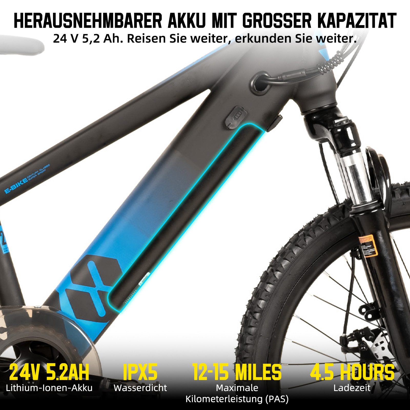 HILAND E-Bike 20 Zoll E-Mountainbike 24V 250W, Akku entnehmbar, Kinder & Erwachsene, Heckmotor, 124,8 Wh