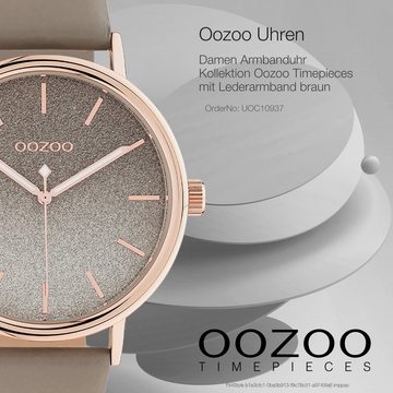 OOZOO Quarzuhr Oozoo Damen Armbanduhr braun taupe, (Analoguhr), Damenuhr rund, groß (ca. 42mm) Lederarmband, Elegant-Style