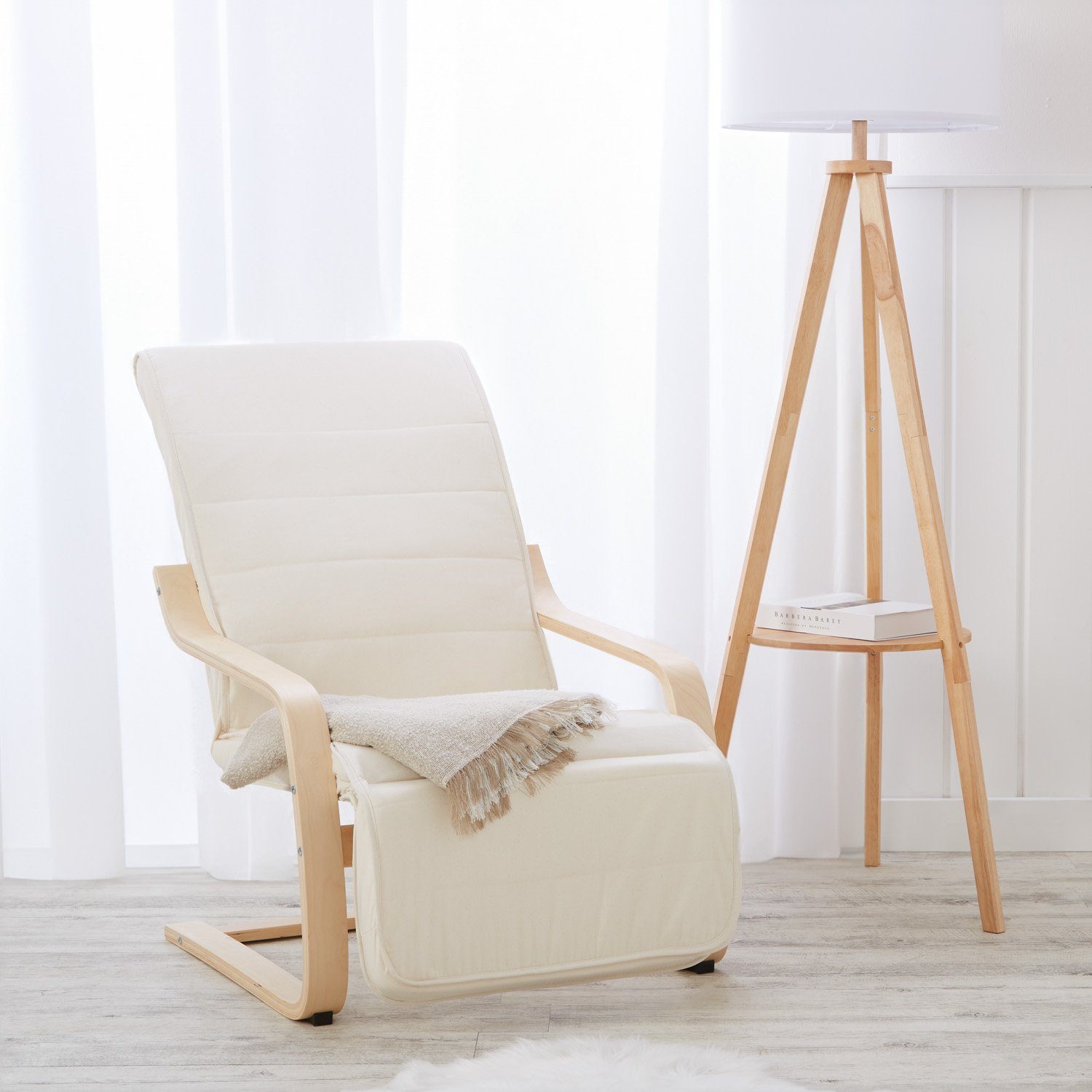 Homestyle4u Relaxsessel Schaukelsessel Wohnzimmer Beige Schwingsessel Schaukelstuhl Füßstütze (1 Stuhl, 1-St., Stuhl mit Bezug), Bezug Baumwolle, abnehmbar, Fußteil verstellbar, Beige / Natur