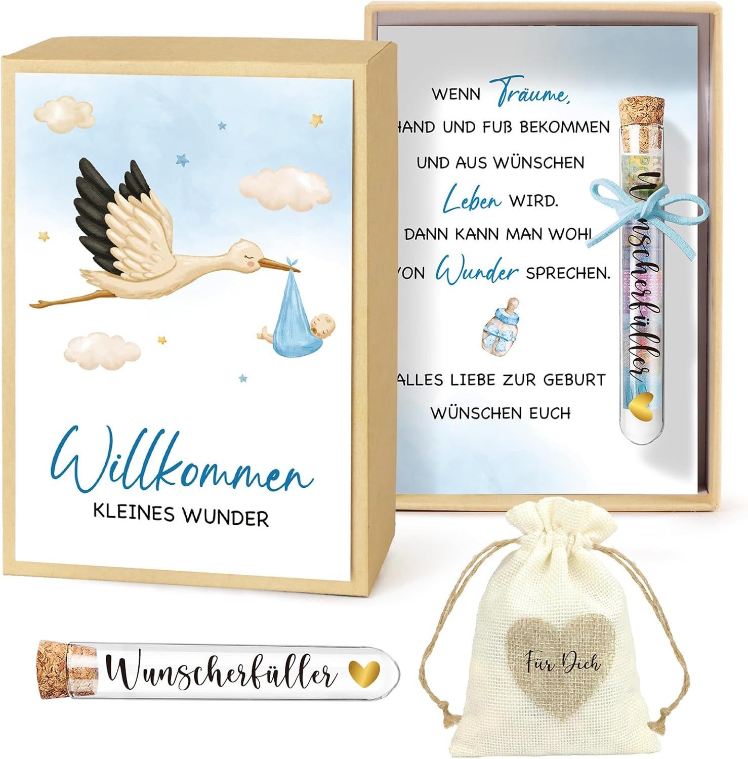 Wiladu Spardose Wiladu Geburt Geschenk Reagenzglas Jutesäckchen Grußkarte