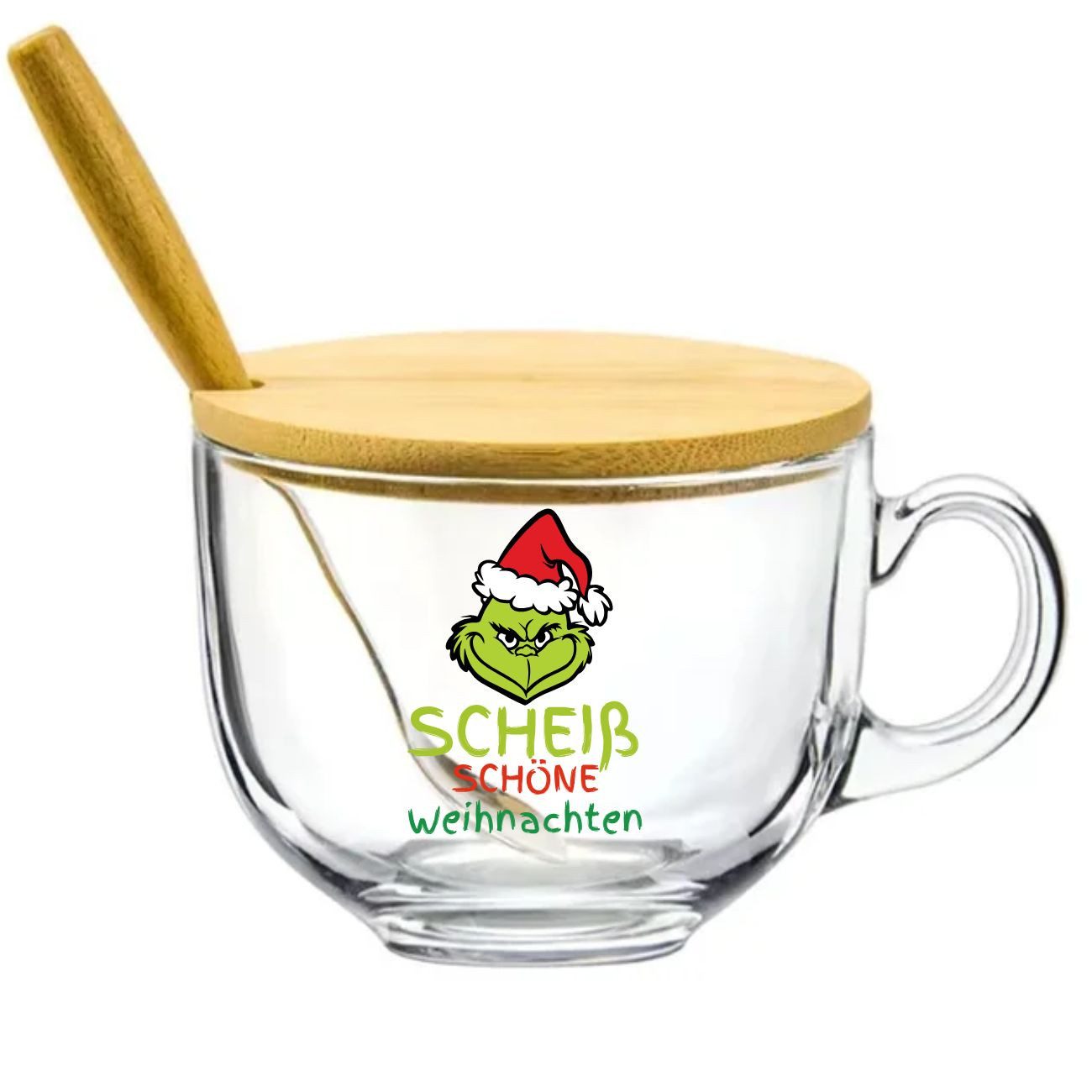 Quality Elegance Tasse Scheiß Schöne Weinachten Elegantes Glas mit Löffel & Bambusdeckel, Löffel, Bambusdeckel