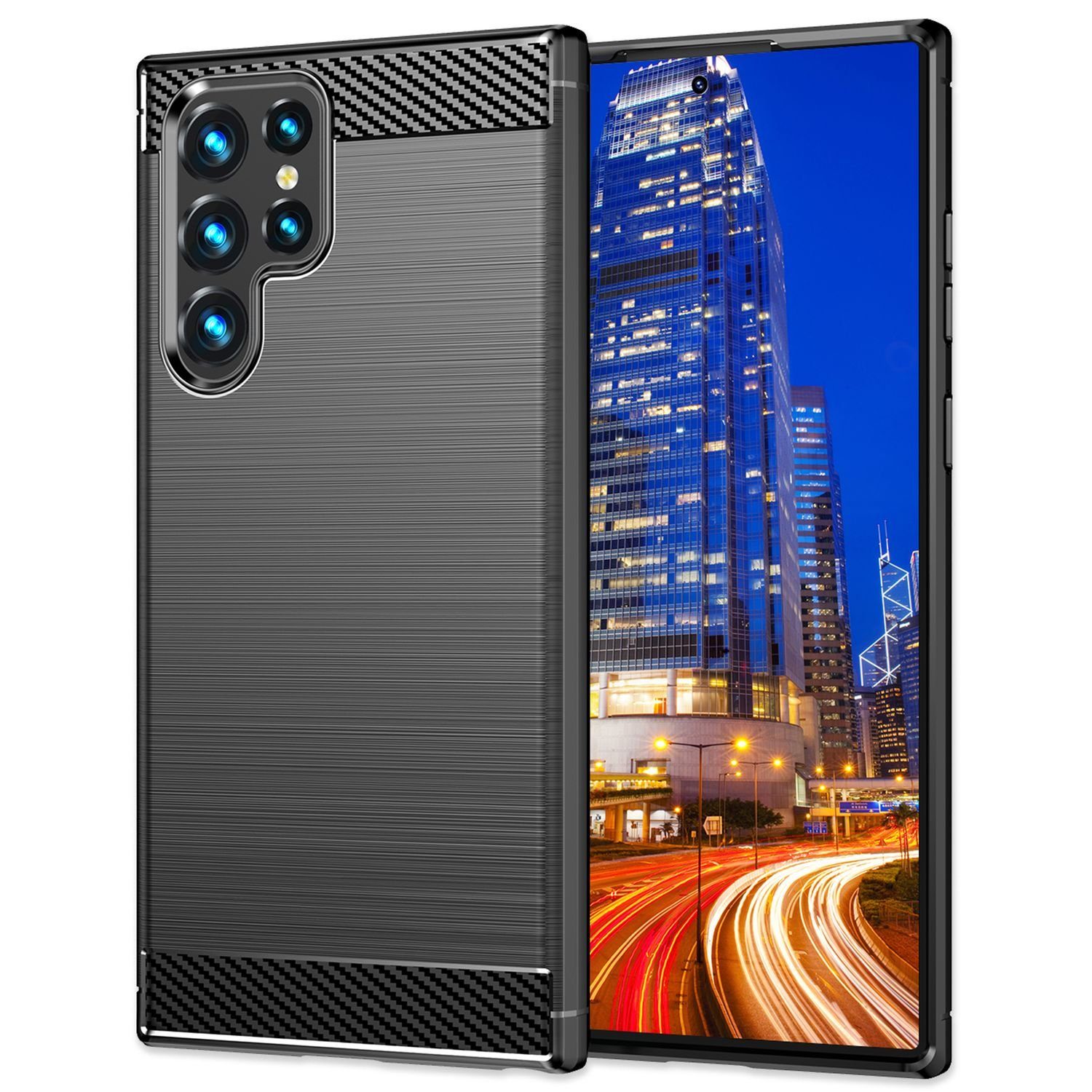 Nalia Smartphone-Hülle Samsung Galaxy S24 Ultra 17,3 cm (6,8 Zoll), Carbon Style Silikon Hülle / Matt Schwarz / Elegantes Business Cover