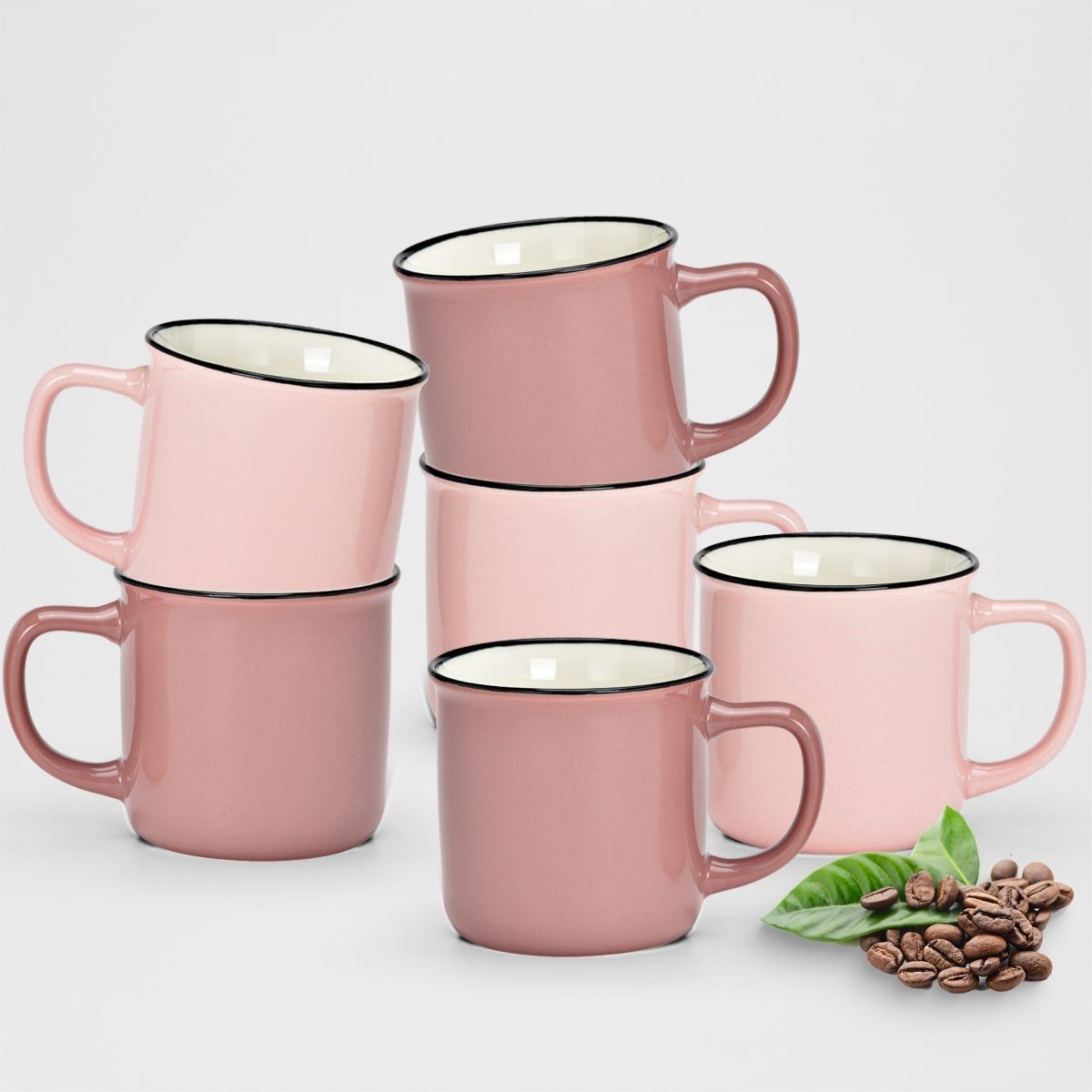 matches21 HOME & HOBBY Tasse Kaffeebecher 6er Set Emaille-Optik einfarbig Pastellfarben, Porzellan, Tee Kaffee-Becher, modern Vintage, alt-rosa pink, 330 ml