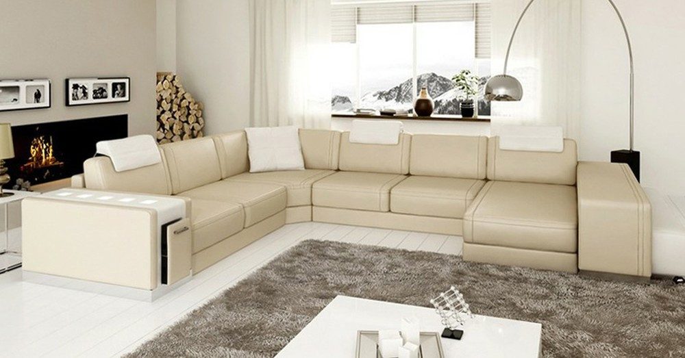 JVmoebel Wohnlandschaft Weiße U-Form Polstercouch aus Kunstleder mit Hocker, Set, Made in Europa