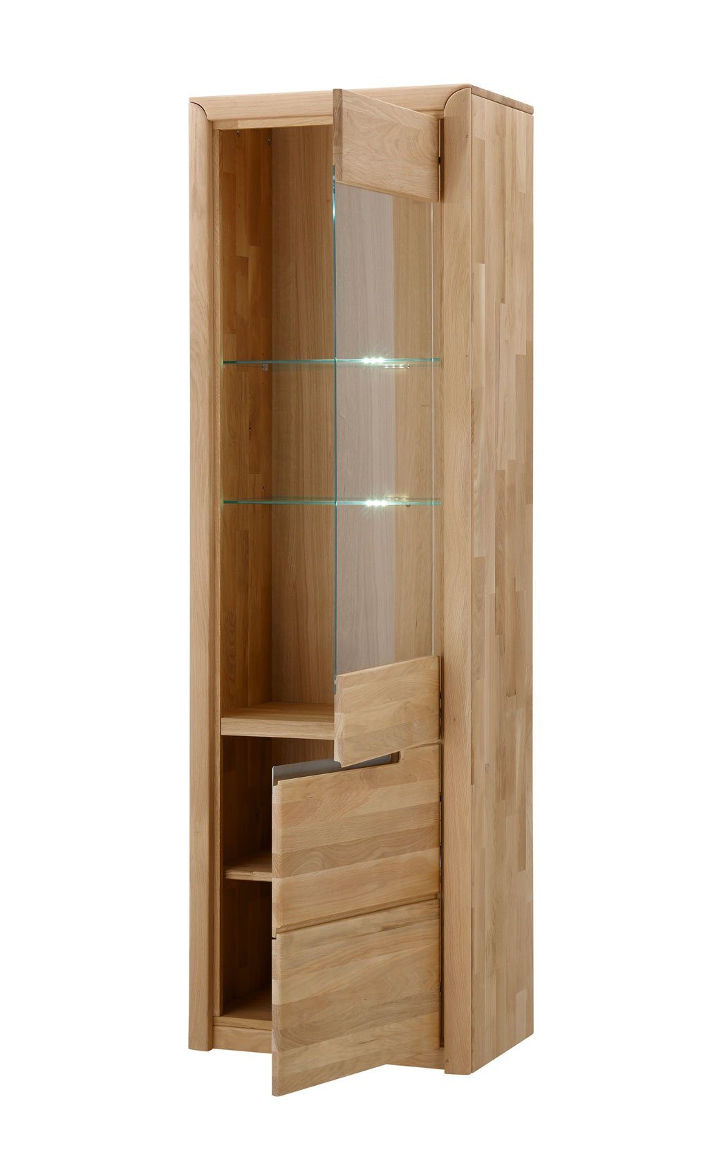 expendio Wohnzimmer-Set Pisa Softclose mit 6-St), montiert 49, (Spar-Set, bianco und Eiche Glaskantenbeleuchtung massiv