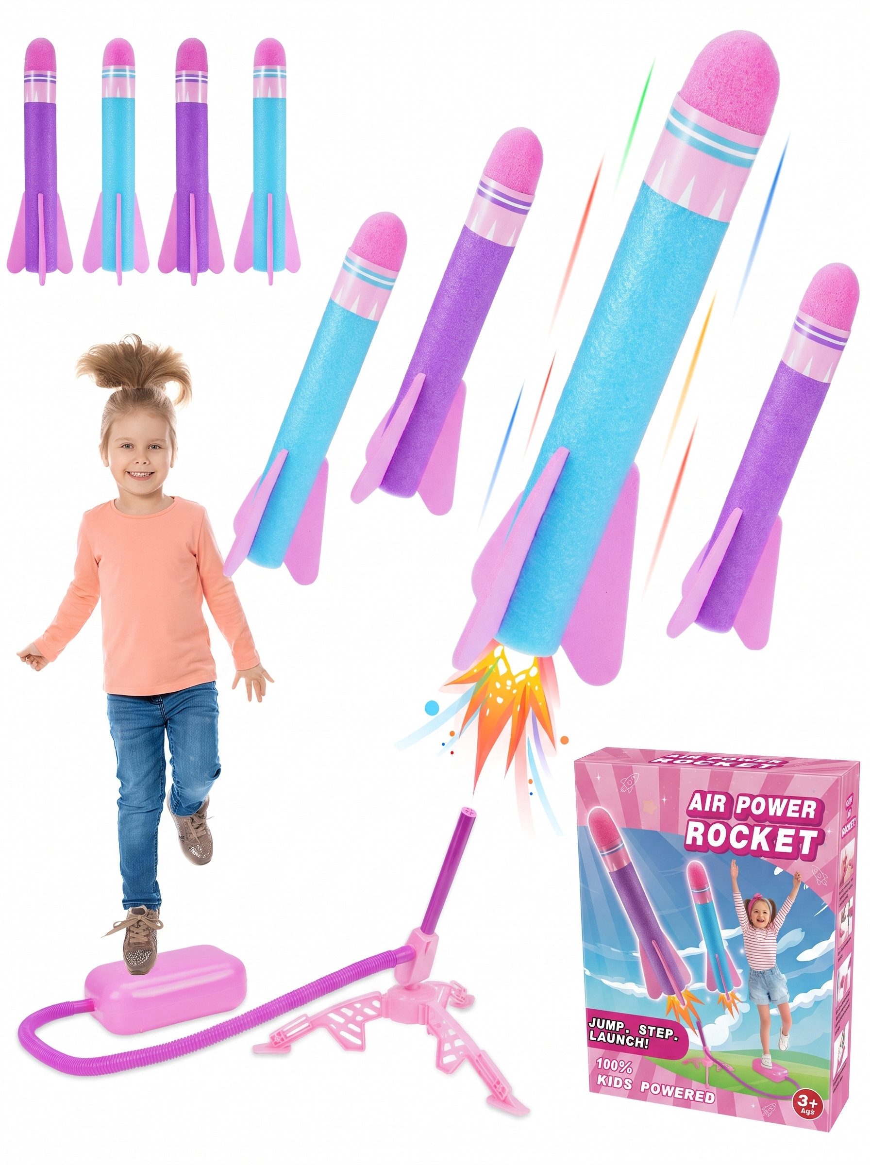 Wootoy Spielzeug-Gartenset Spielzeug-Flugrakete Kinder Schaumstoff Raketenwerfer Launcher, (Outdoor STEM Spielzeug ab 3 Jahren, 4-tlg., mit 3 Standfüßen Luftschlauch Verbinder und Luftbalg), für abwechslungsreiche Outdoor-Abenteuer und Gruppenspiele