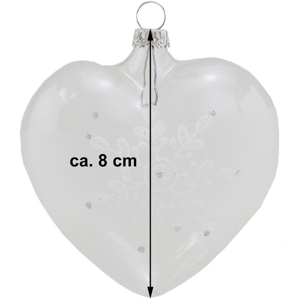 Thüringer Glasdesign Christbaumschmuck Herzen (2 Stück) Ø 8 cm - Weiß/Silber, Weihnachtsbaumkugeln Germany (2-tlg), aus Glas
