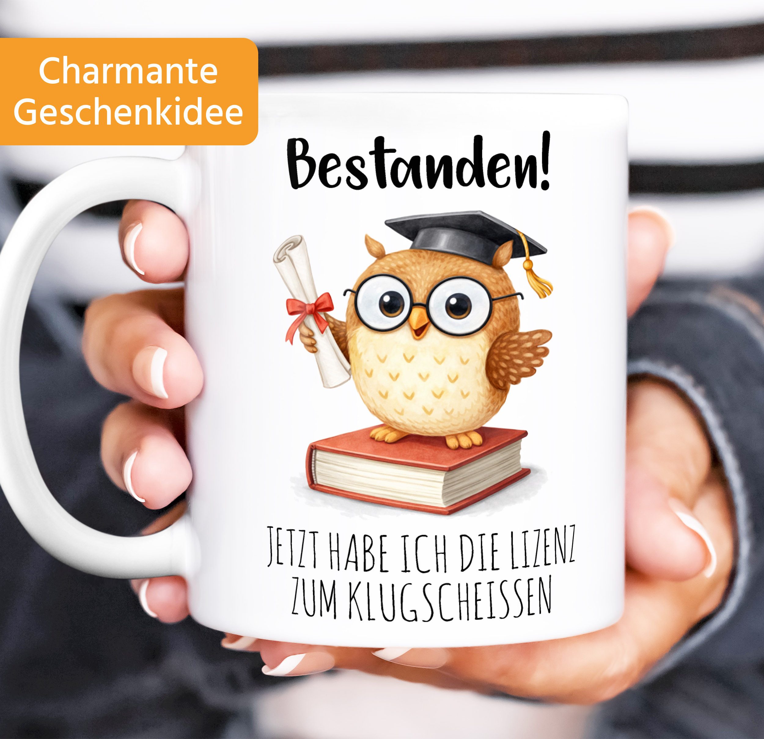 MoonWorks Tasse Kaffee-Tasse lustige Eule - Geschenk Abschluss Bestanden Spruch, Keramik