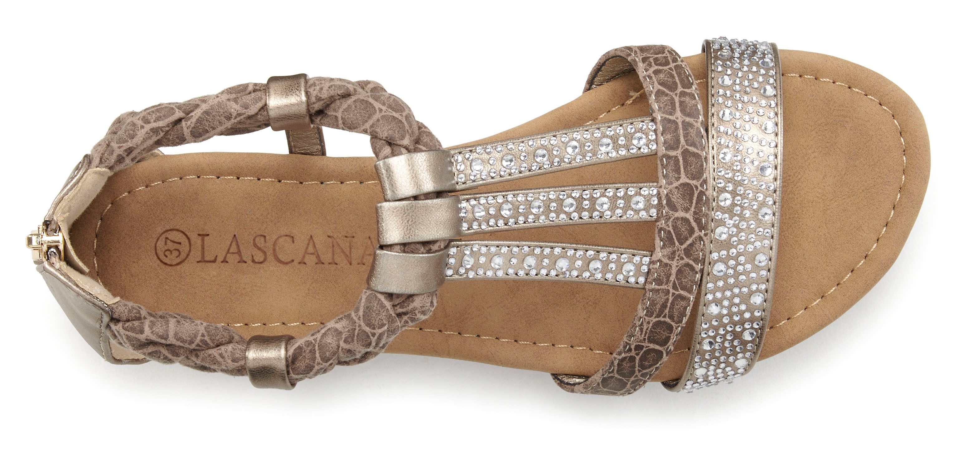 LASCANA Sommerschuh, Sandalette Sandale mit Glitzersteinen und kleinem Keilabsatz im Festival-Look VEGAN