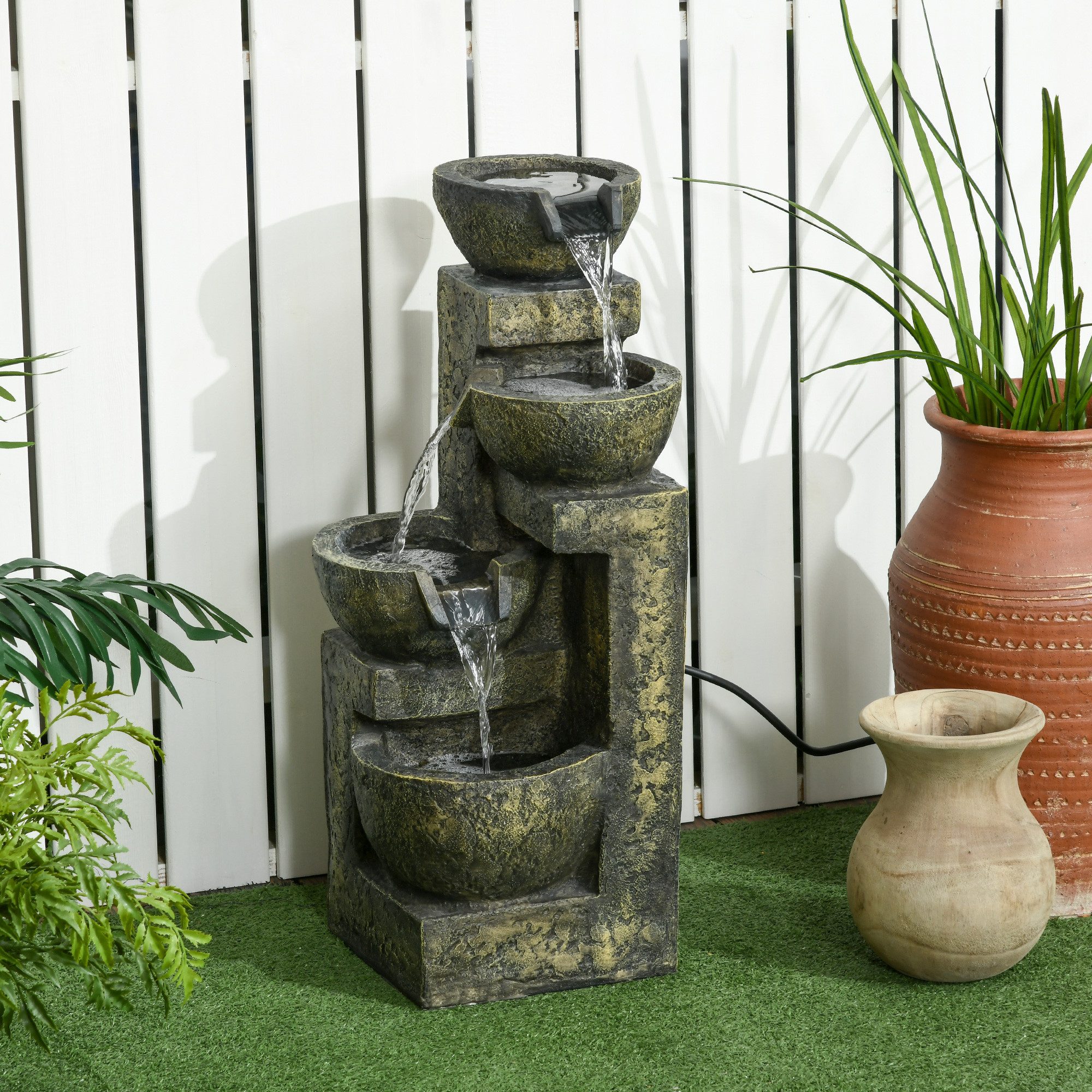 CHICFURN Gartenbrunnen 25x24x60 cm aus Kunstharz mit 4 Stufen & Wasserfallfunktion, 25 cm Breite, (Packung, 1 tlg., Brunnen Zierbrunnen,Standbrunnen), Einstellbare Strömung für Gartenteich & Terrasse