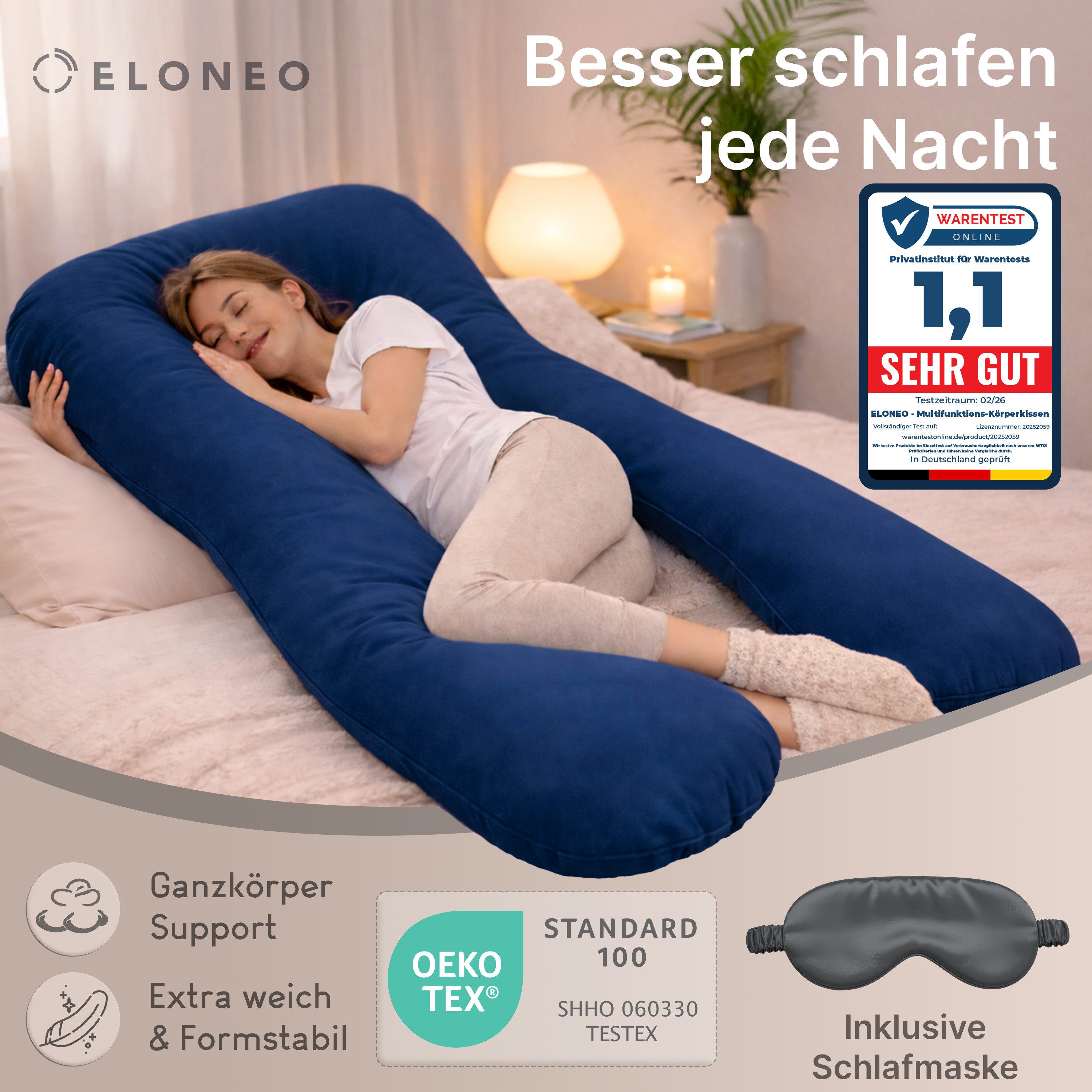 ELONEO Seitenschläferkissen XXL - Multifunktionskissen mit Bezug, formstabil, druckentlastend, bequem