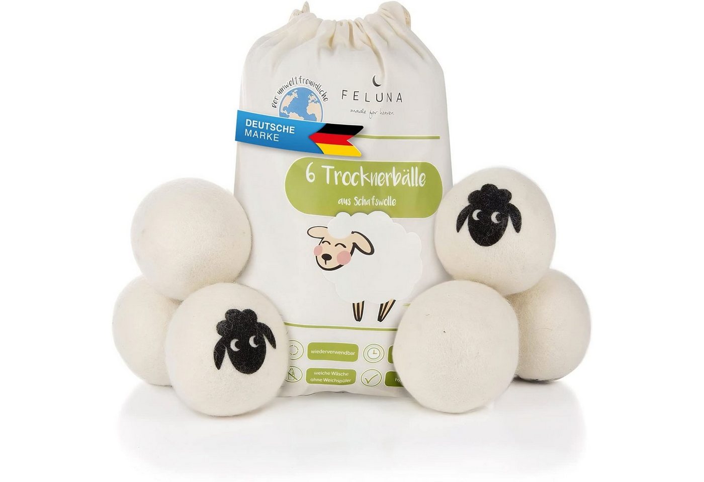 Feluna Wäschekugel Öko Trocknerbälle aus 100 % Schafwolle –6er-Set,natürliche Weichspüler (6er Set), Biologischer Weichspüler aus 100% Schaf-Wolle