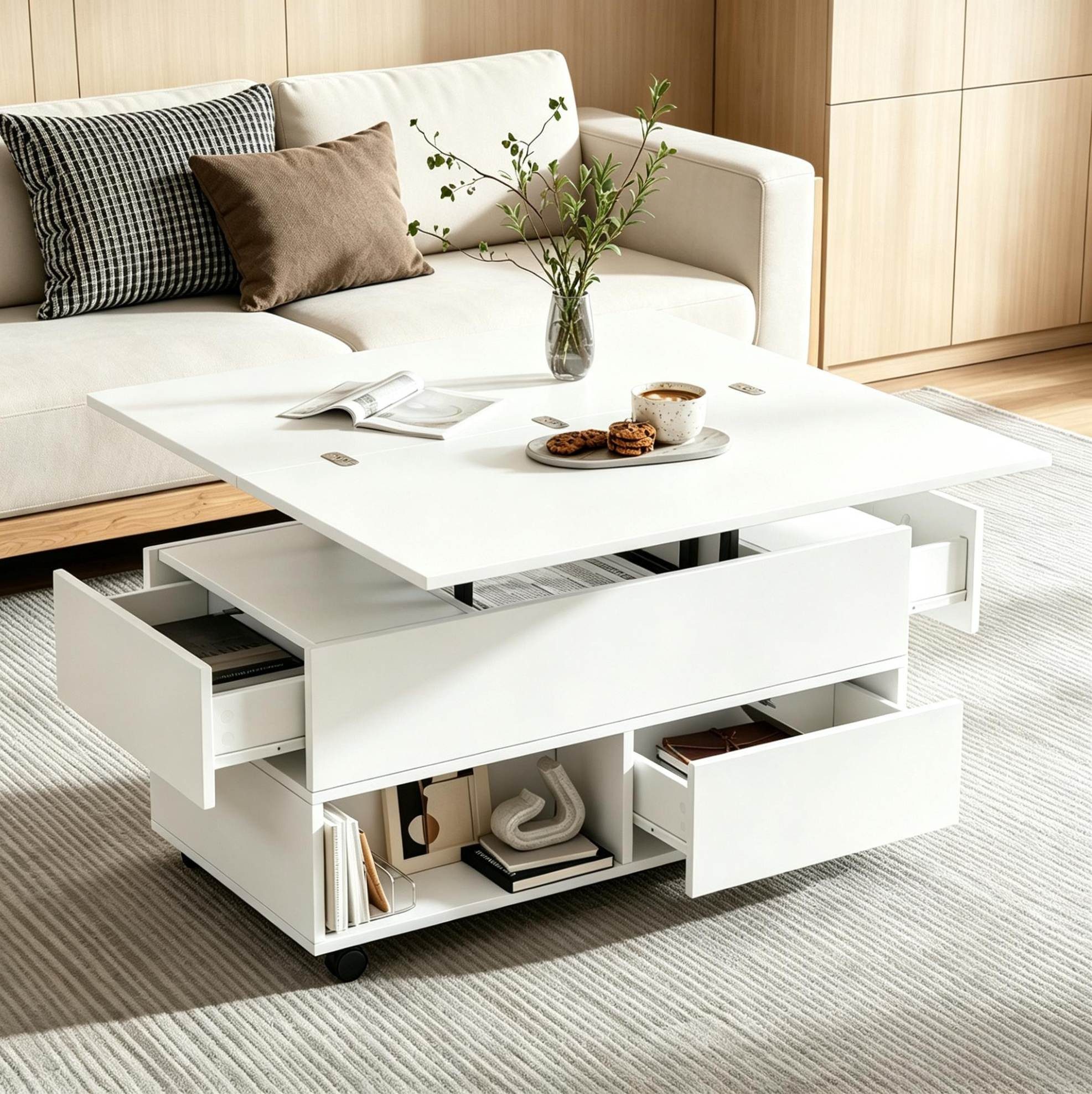 REDOM Couchtisch Design-Tisch – 3-in-1, höhenverstellbar & 4 Schubladen (Packung, 1-St., Weiß, 100×50×52 cm, für moderne Räume), hydraulische Hebefunktion, Rollen, versteckter Stauraum