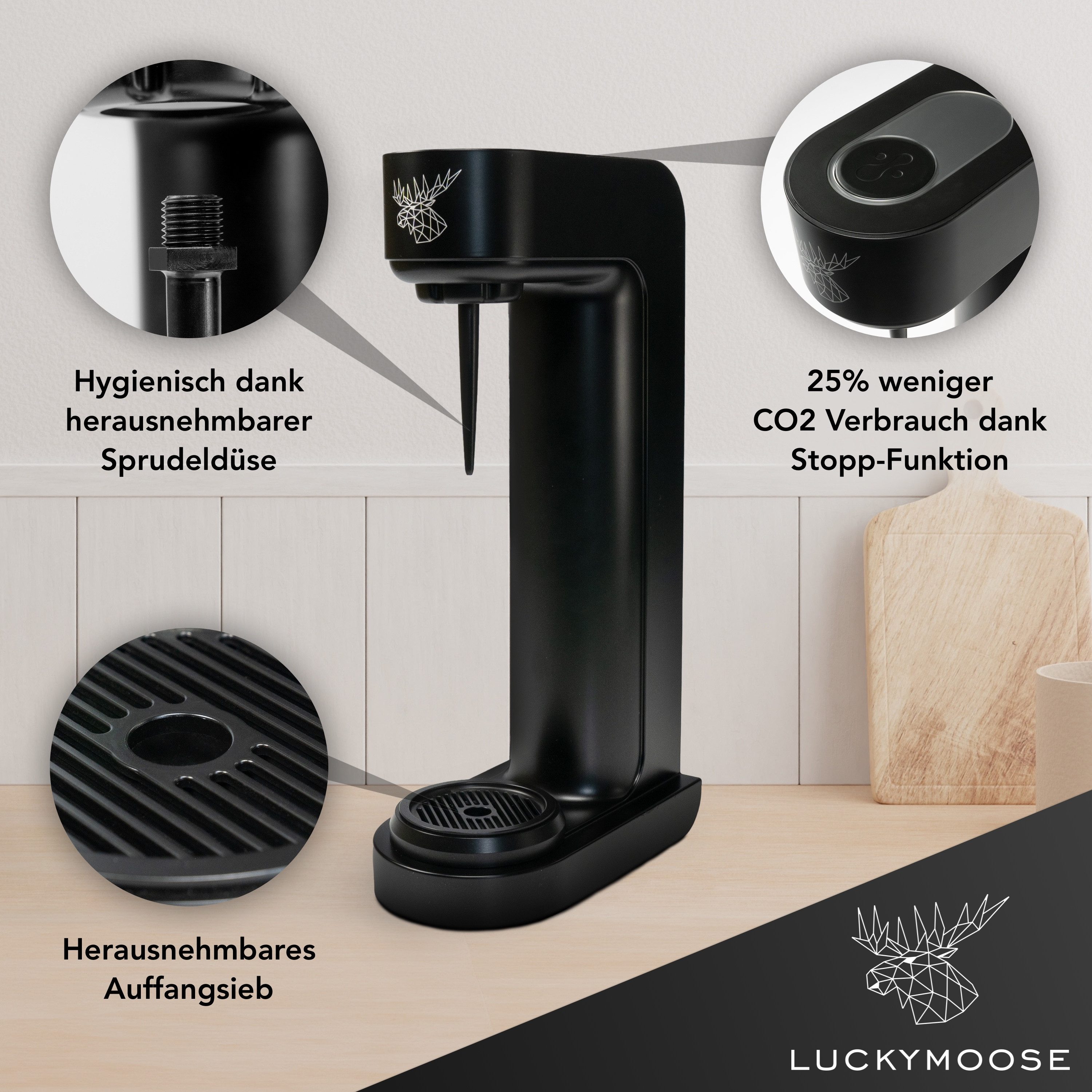 Luckymoose Wassersprudler Infinity mit 2x 1,25L spülmaschinenfesten Edelstahlflaschen, (2x Silber-tlg), Spart bis zu 25% CO2, Flaschen spülmaschinenfest & ohne Ablaufdatum