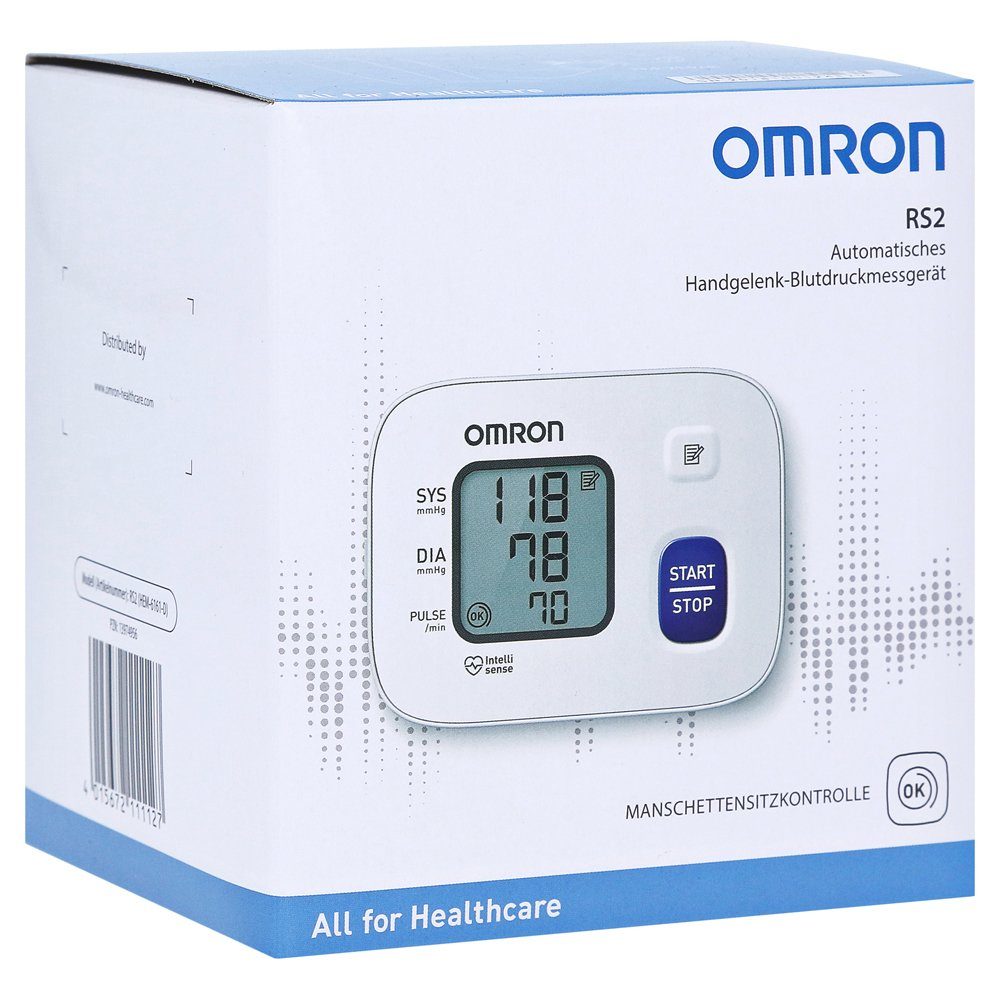 Omron Handgelenk-Blutdruckmessgerät OMRON RS2 Handgelenk-Blutdruckmessgerät mit Intellisense-Technologie, Erkennung unregelmäßiger Herzschläge, bewährte Qualität, Ohne viel Druck