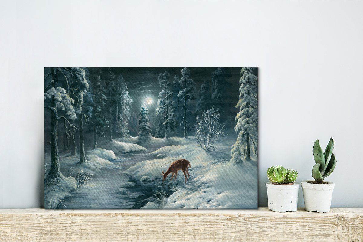 OneMillionCanvasses® Wandbild verschneiten cm eines Leinwandbilder, Rehs (1 Wald, Leinwandbild Eine in Illustration Aufhängefertig, Wanddeko, St), 30x20 einem