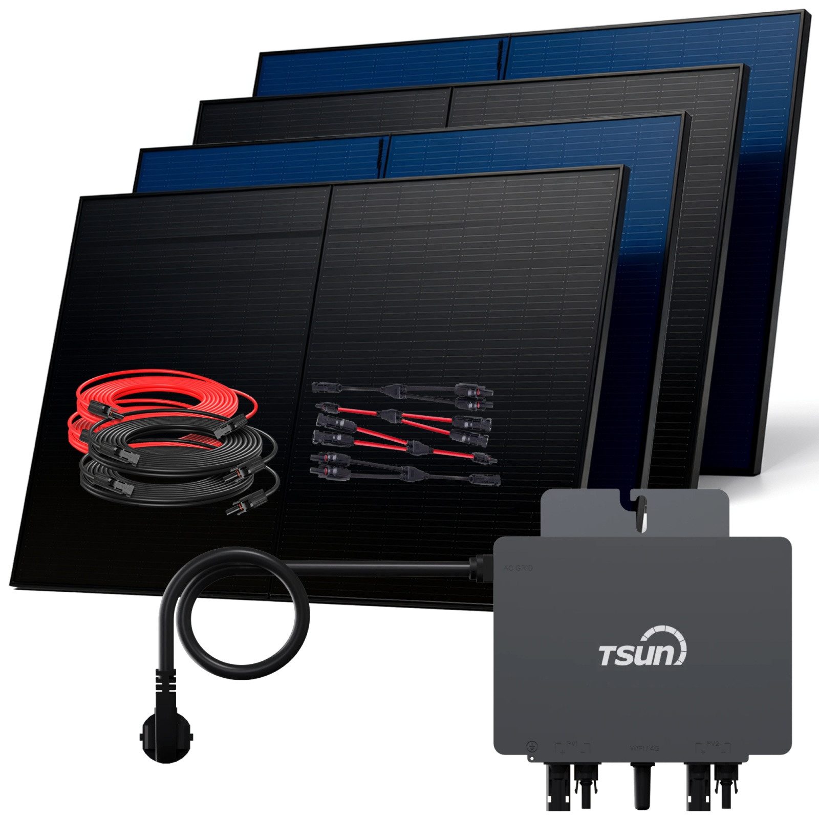 SUNNIVA Balkonkraftwerk 2000W BIFAZIAL FULLBLACK komplett Steckdose, (TSUN 800 Watt Wechselrichter, Solaranlage Komplettset, 4x 500W N-Type Glas Bifacial Solarmodule, 5m Kabel & 4x 2.5m Solarkabel)