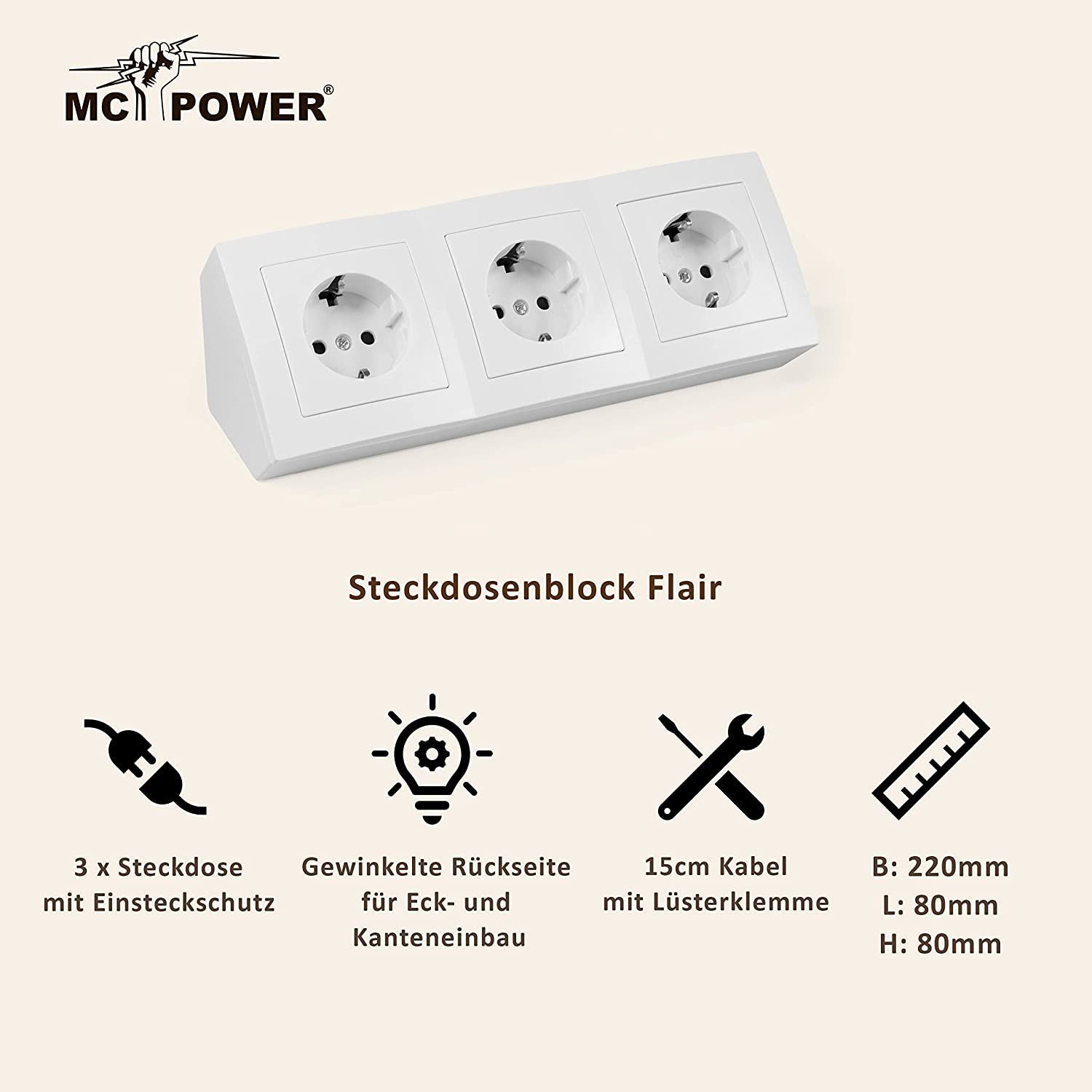 McPower Ecksteckdose Unterbausteckdose Flair POWER MC 230V/16A Steckdosenblock Mehrfachsteckdose
