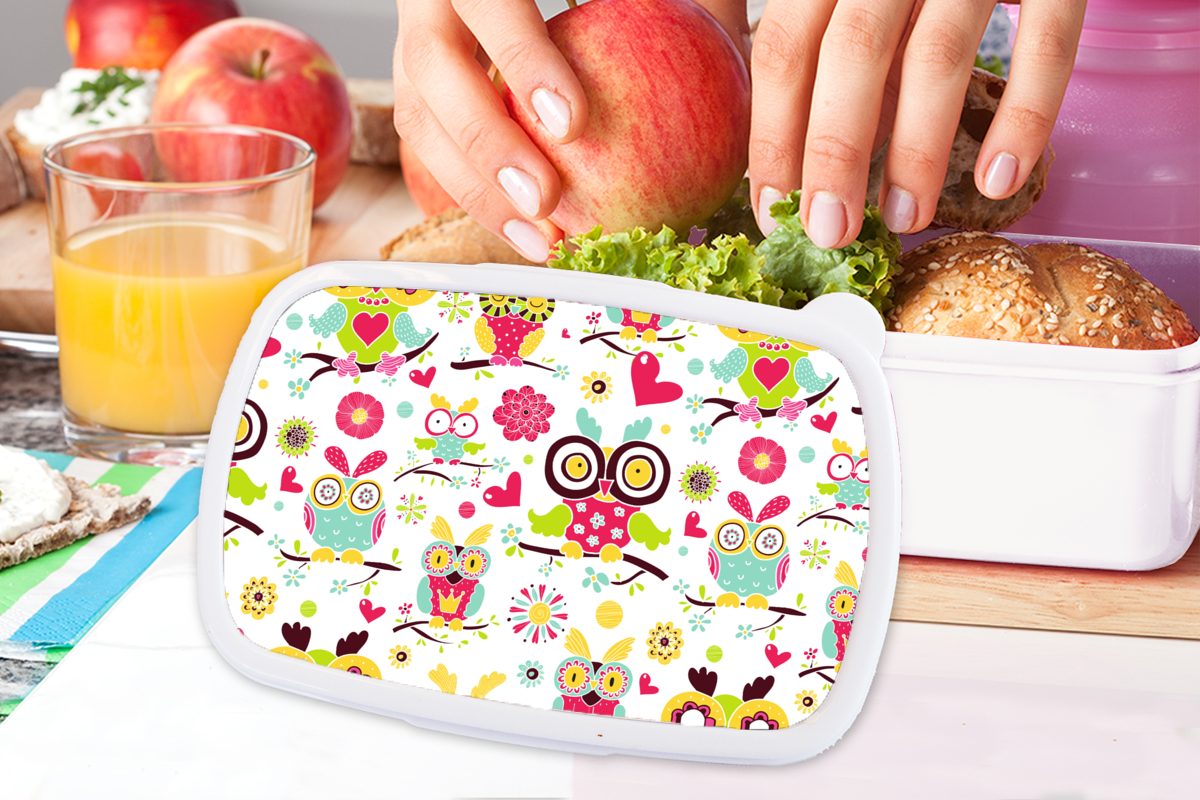 für Erwachsene, MuchoWow Jungs Brotdose, für Mädchen Muster weiß Lunchbox Brotbox Eule Kunststoff, und - Tiere, Kinder - und (2-tlg),