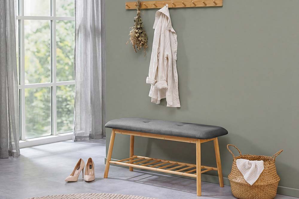 riess-ambiente Schuhbank ZEN-BO 90cm natur/grau - Bambus, FSC, Regal, Sitzbank, mit Stauraum (Einzelartikel, 1-St), Gepolsterte Garderobenbank aus Massivholz - ideal für Eingangsbereich