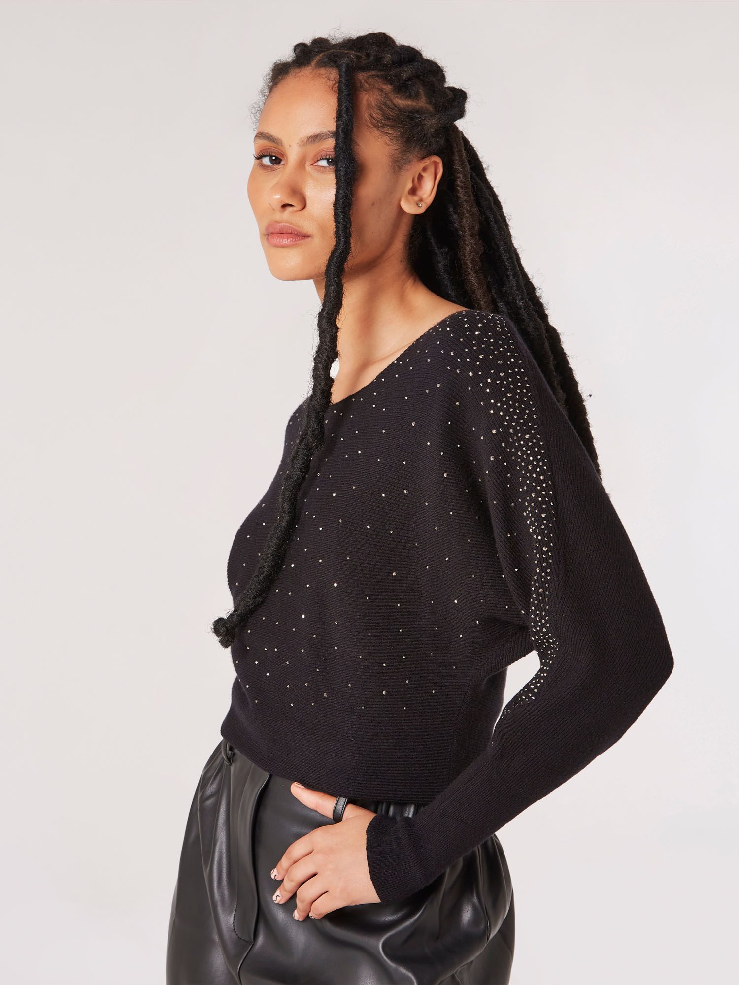 Apricot Strickpullover Stud Neck Ribbed Batwing Jumper (1-tlg) mit Strass-S günstig online kaufen