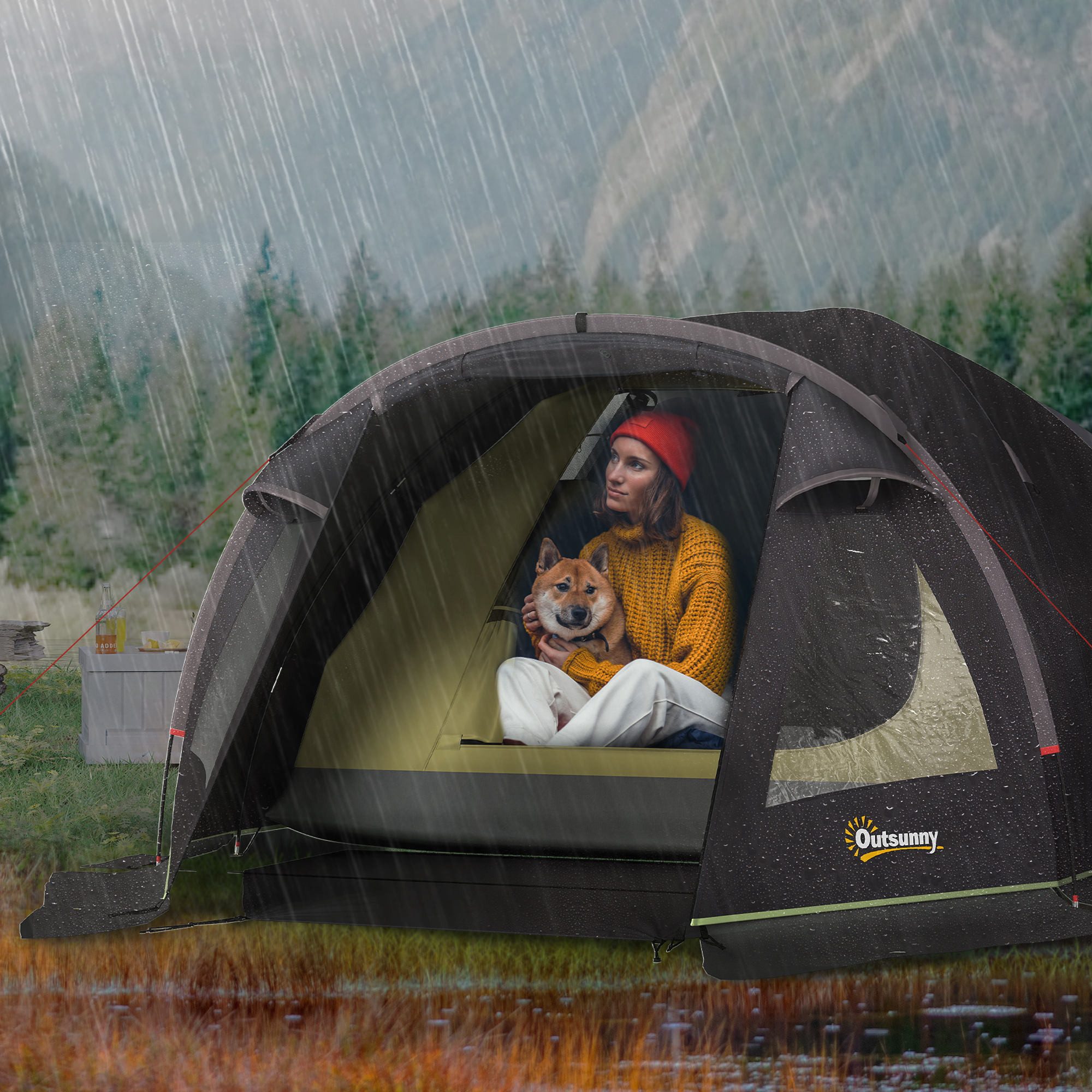 furnicato Gruppenzelt Campingzelt 3 Personen 330x190x120 cm Schwarz, (1 tlg), Wasserdichtes Zelt mit Wohnbereich, 2 Türen und Halbmaschentür