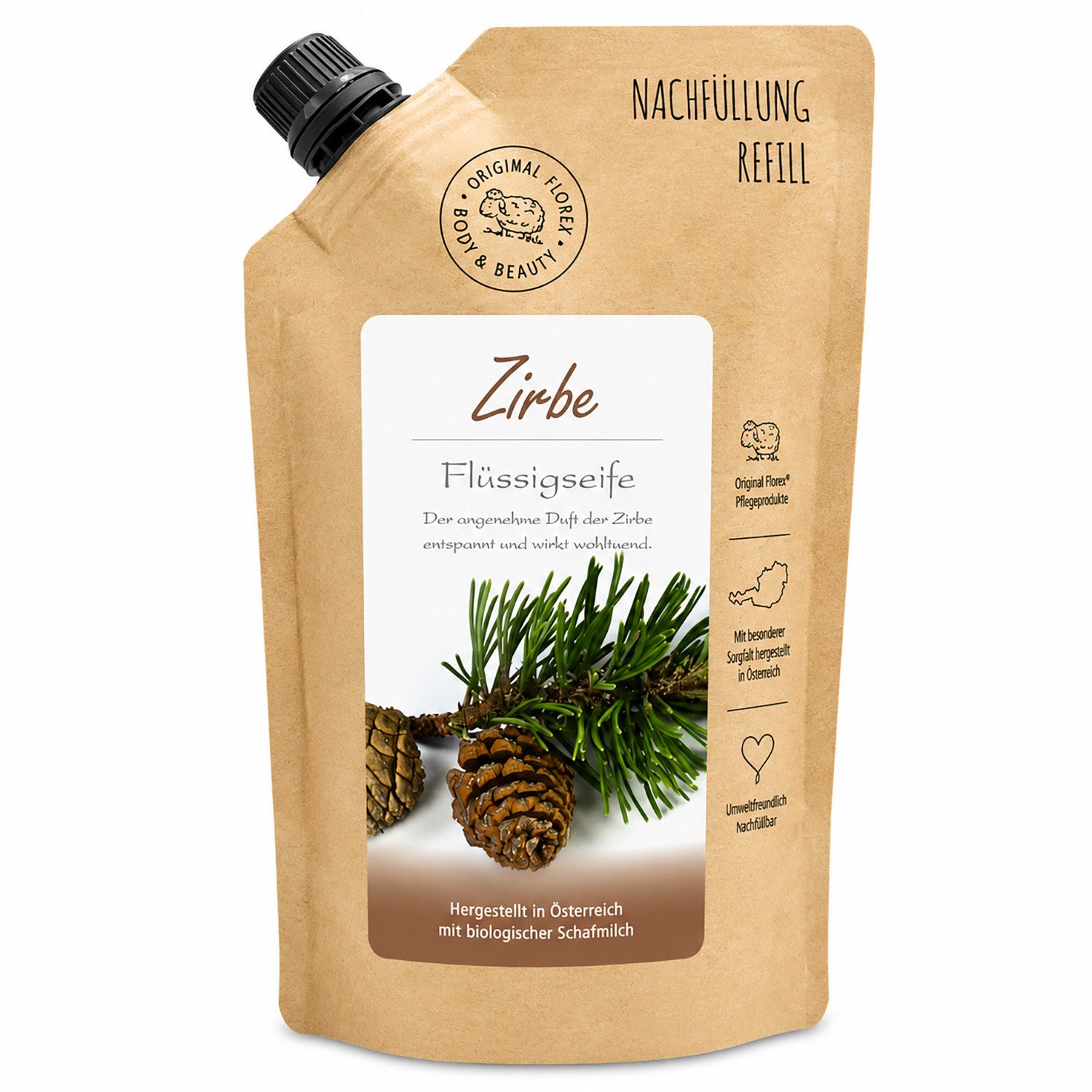 Gerlinde Hofer _ Florex GmbH Flüssigseife mit biologischer Schafmilch 500ml im Nachfüll-Beutel, Zirbe