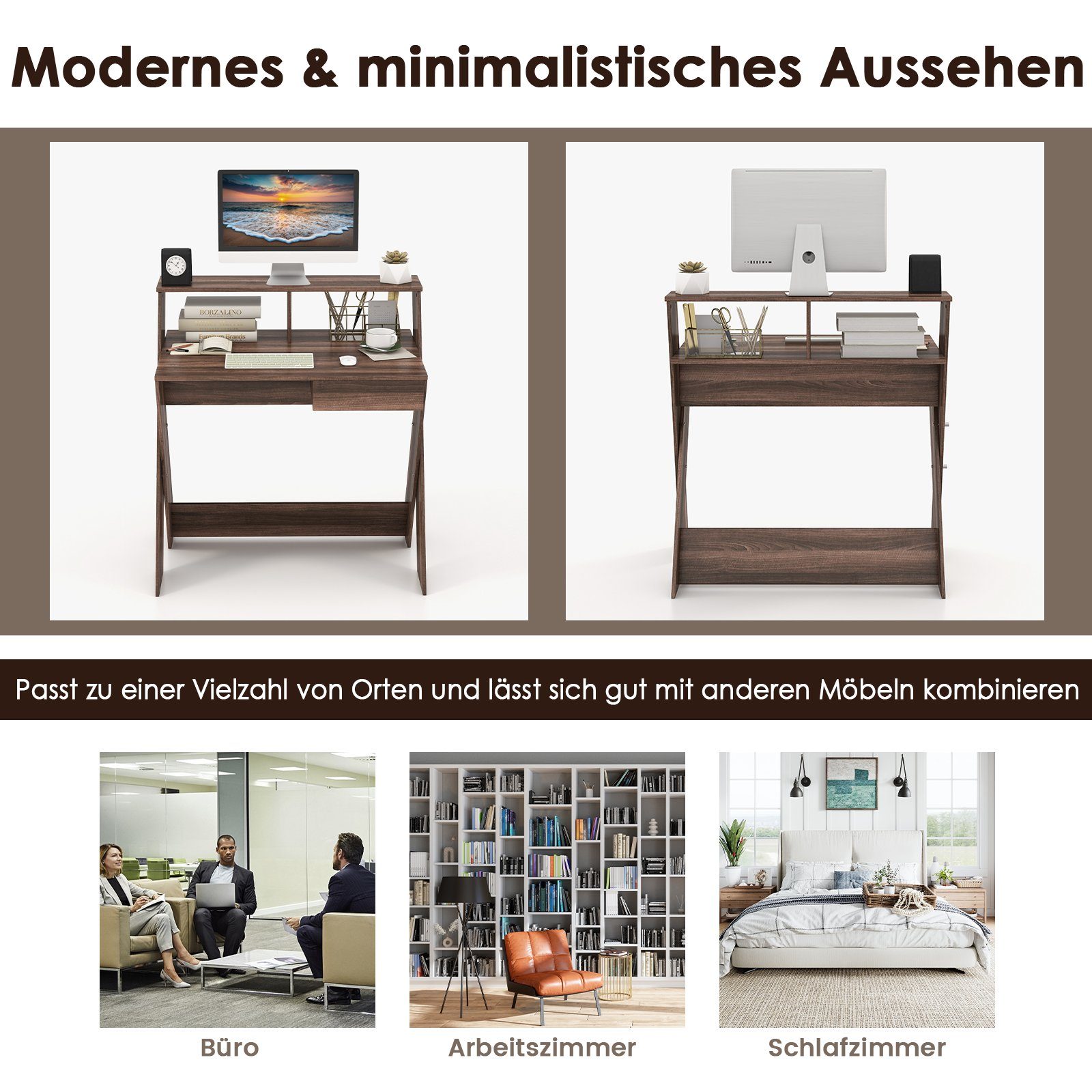 & mit Schublade 90x61x94cm COSTWAY Holz, Computertisch, Braun Monitorerhöhung,