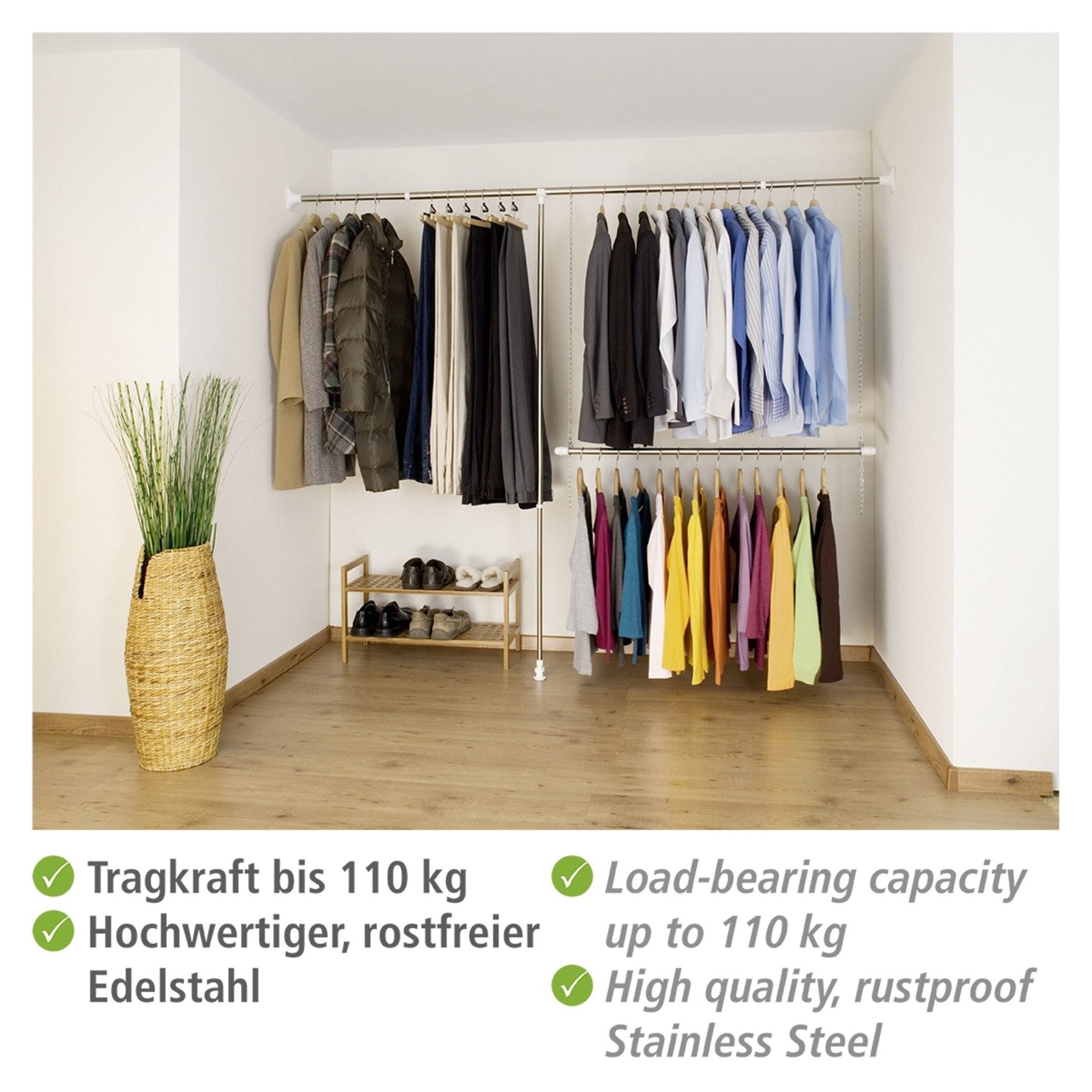 WENKO Teleskopregal Garderobe, Set 3-tlg., flexibles Kleiderstangensystem, belastbar bis 110 kg