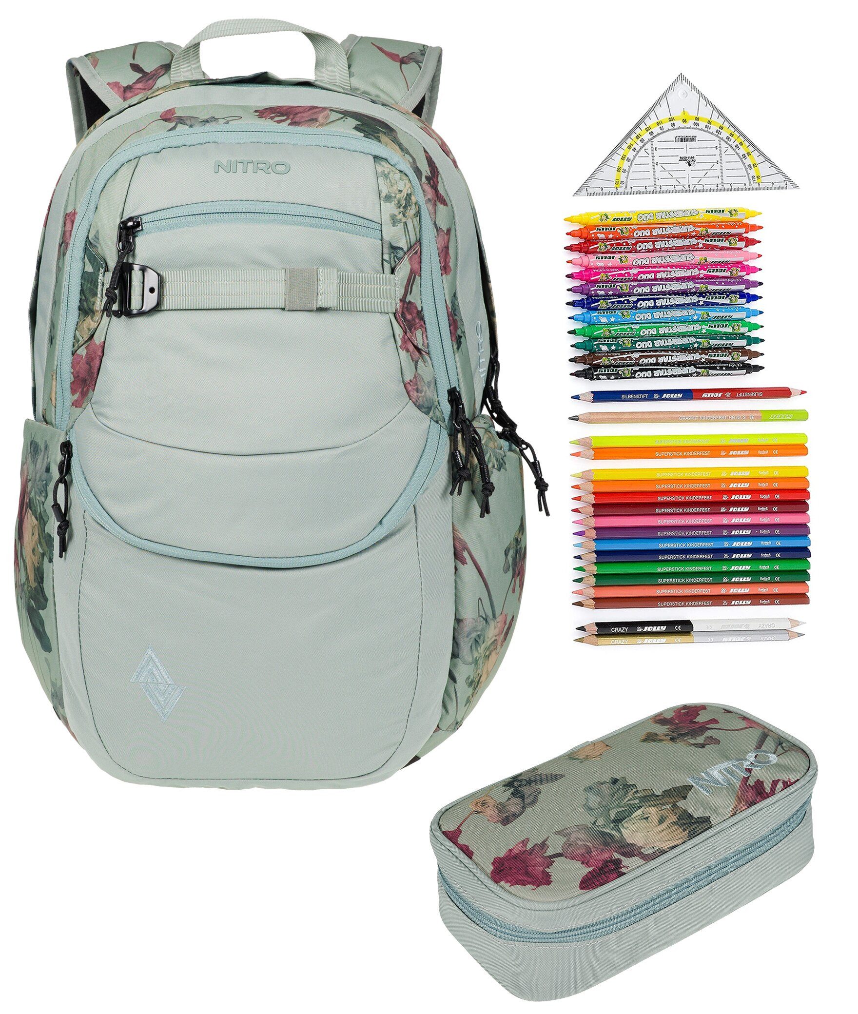 NITRO Schulrucksack NITRO Schulrucksack Jungen Mädchen Future Hero Rucksack (3 Teile Set, inkl. Mäppchen Box, inkl. Mäppchen Füllung 31 Teile), Schulmappe Laptopfach 2 Hauptfächer Daypack Auswahl rmv