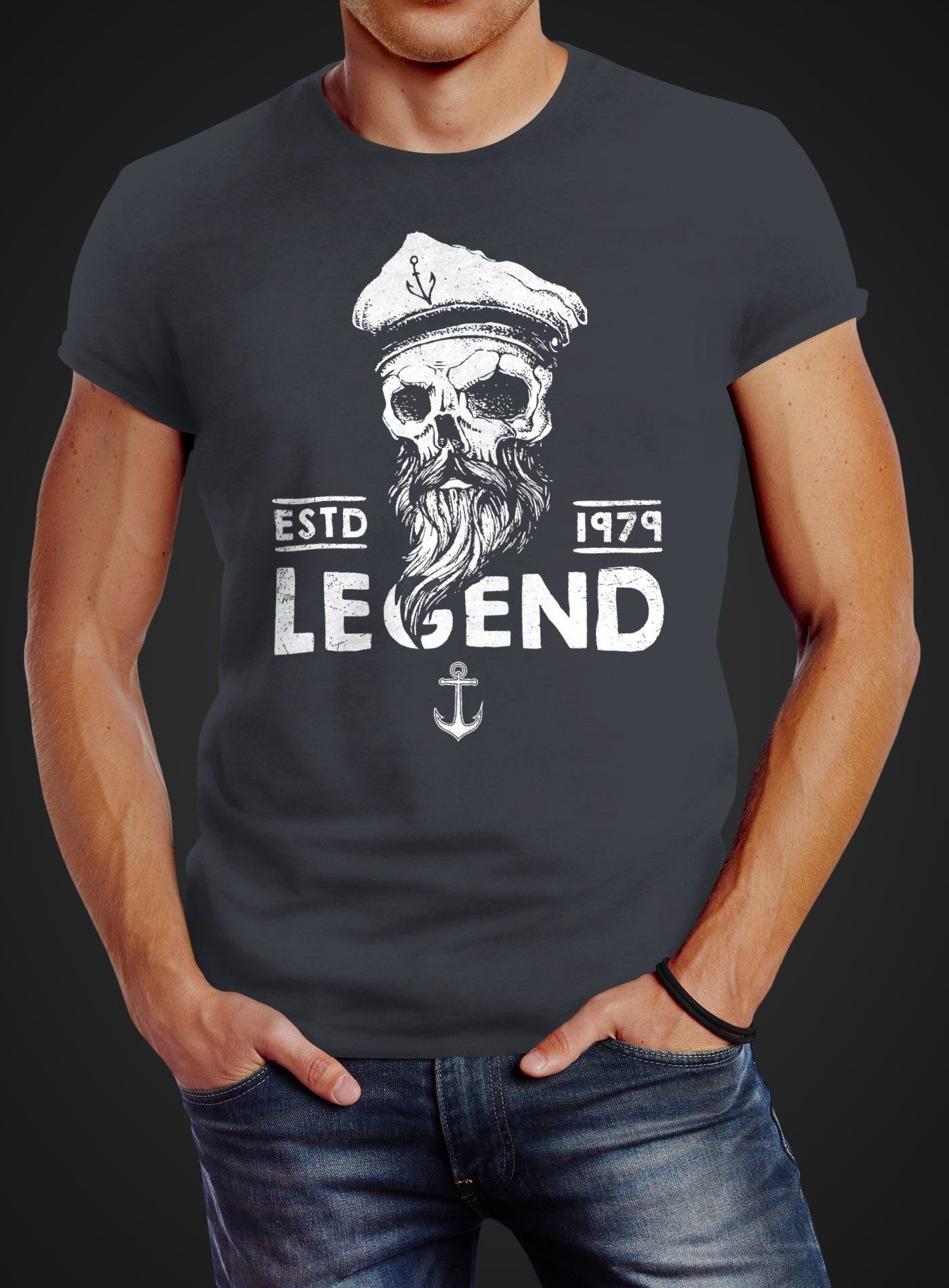 Neverless Print-Shirt Herren grau Neverless® mit Slim Bart Legend T-Shirt Captain Fit Totenkopf Kapitän Skull Print