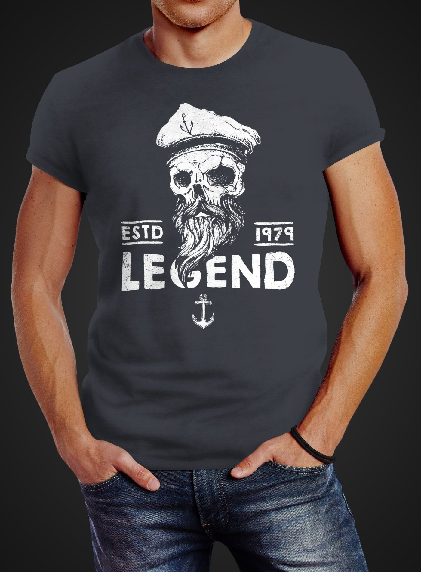 Neverless Print-Shirt Herren T-Shirt Skull Slim Print mit grau Fit Totenkopf Kapitän Captain Bart Legend Neverless®