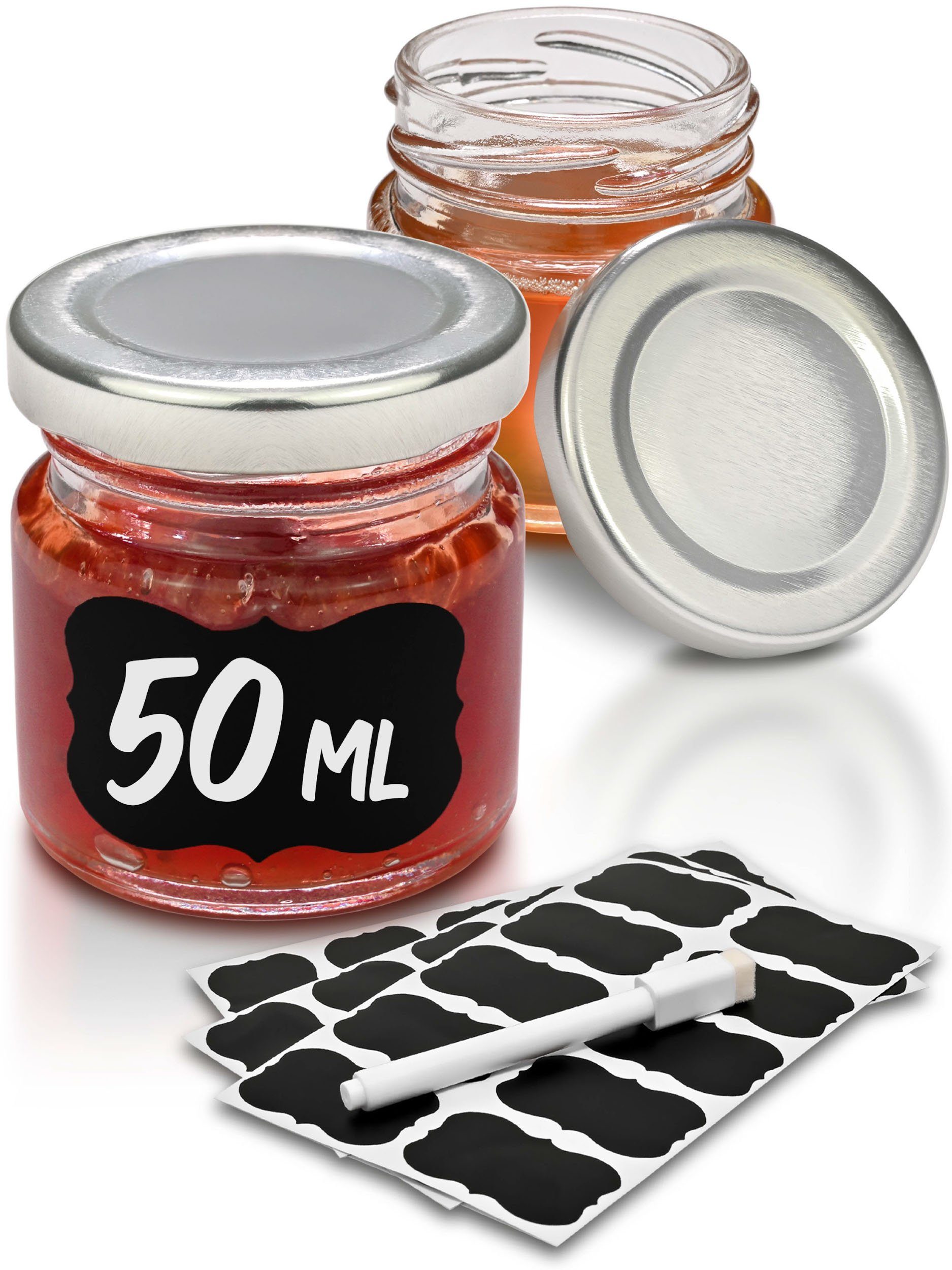 Praknu Einmachglas Praknu 25 Marmeladengläser 50 ml Silber, Glas, (Set, 25-tlg., 25 Einkochgläser, 25 Etiketten, Stift zum Beschriften), mit Deckel, Etiketten - Luftdichte Einmachgläser zum Einkochen & Konservieren