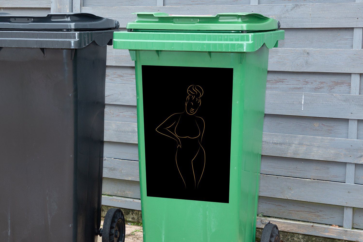- Mülleimer-aufkleber, Frau (1 Wandsticker MuchoWow Container, - Sticker, Strichzeichnung Mülltonne, Gold - Abfalbehälter St), Schwarz
